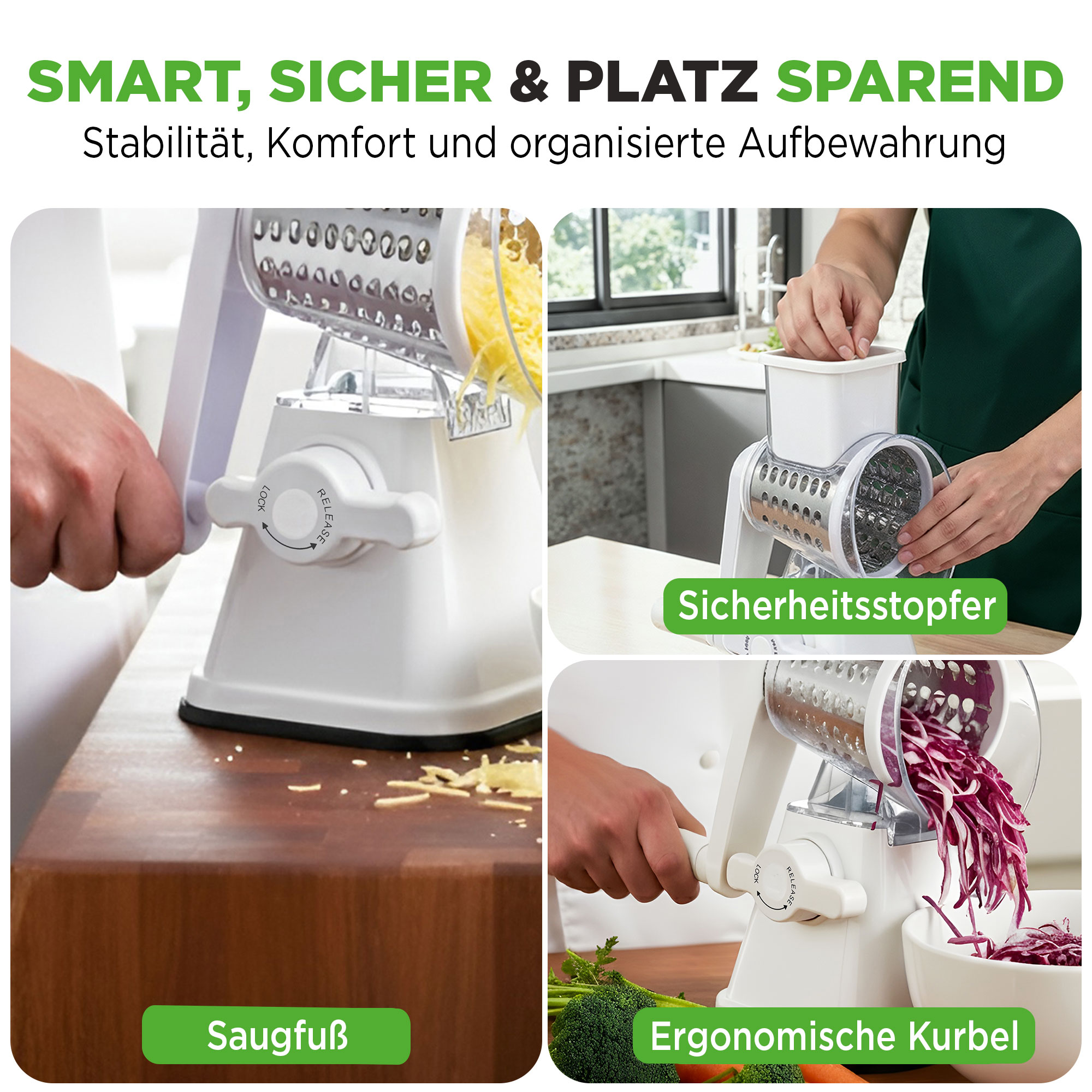 Ein Küchenhobel mit verschiedenen Einsätzen und Griffen. Käse wird gehobelt und Rotkohl geschnitten.