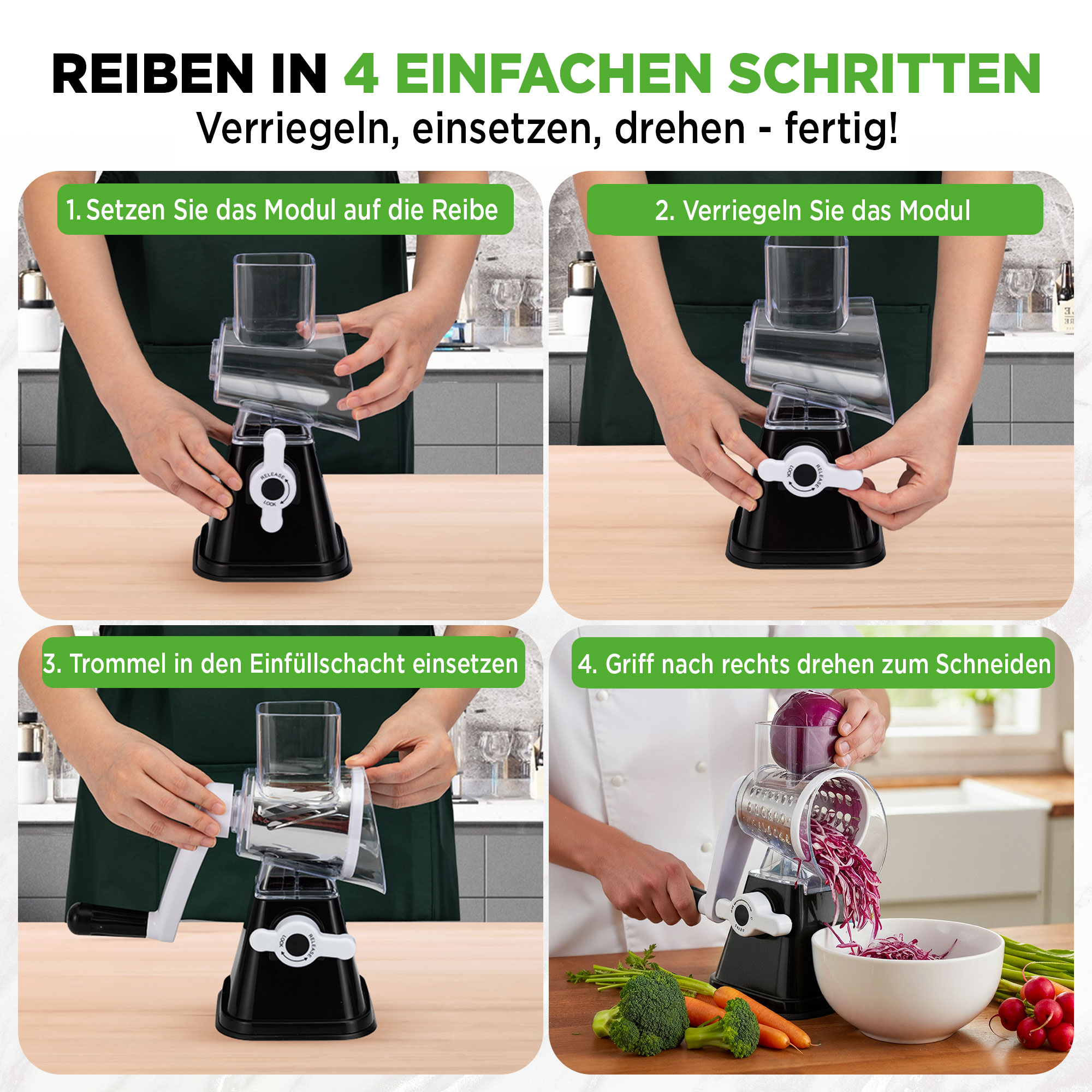 Bildanleitung: Ein Küchenreibenmodul wird in 4 Schritten montiert und verwendet.