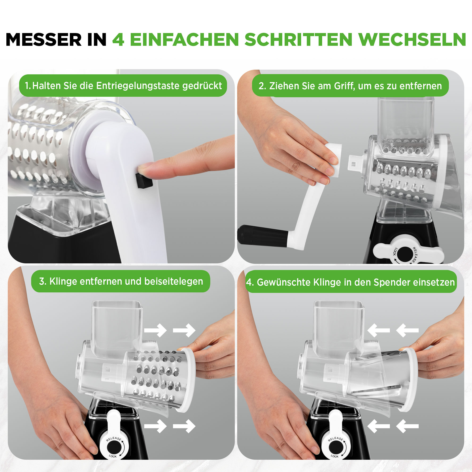 Anleitung zum Wechseln des Messers eines Gemüseschneiders in vier Schritten.