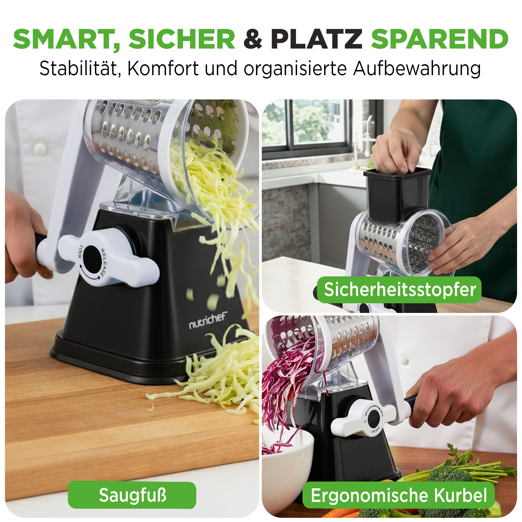 Ein Küchenhobel mit drei Einsätzen und Gemüse auf einem Holzbrett.