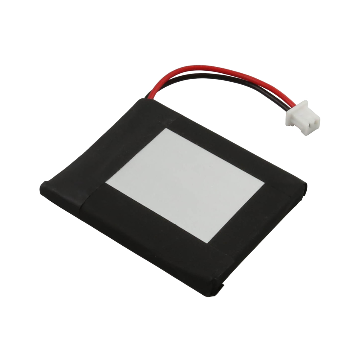 Schwarzer Lithium-Akku mit weißem Rechteck und rotem/schwarzem Kabel.