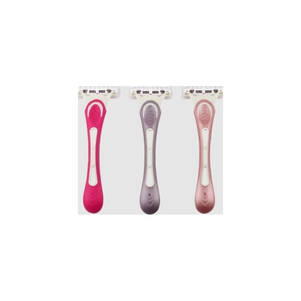 Tre rasoi rosa, grigio e oro rosa affiancati su sfondo bianco.