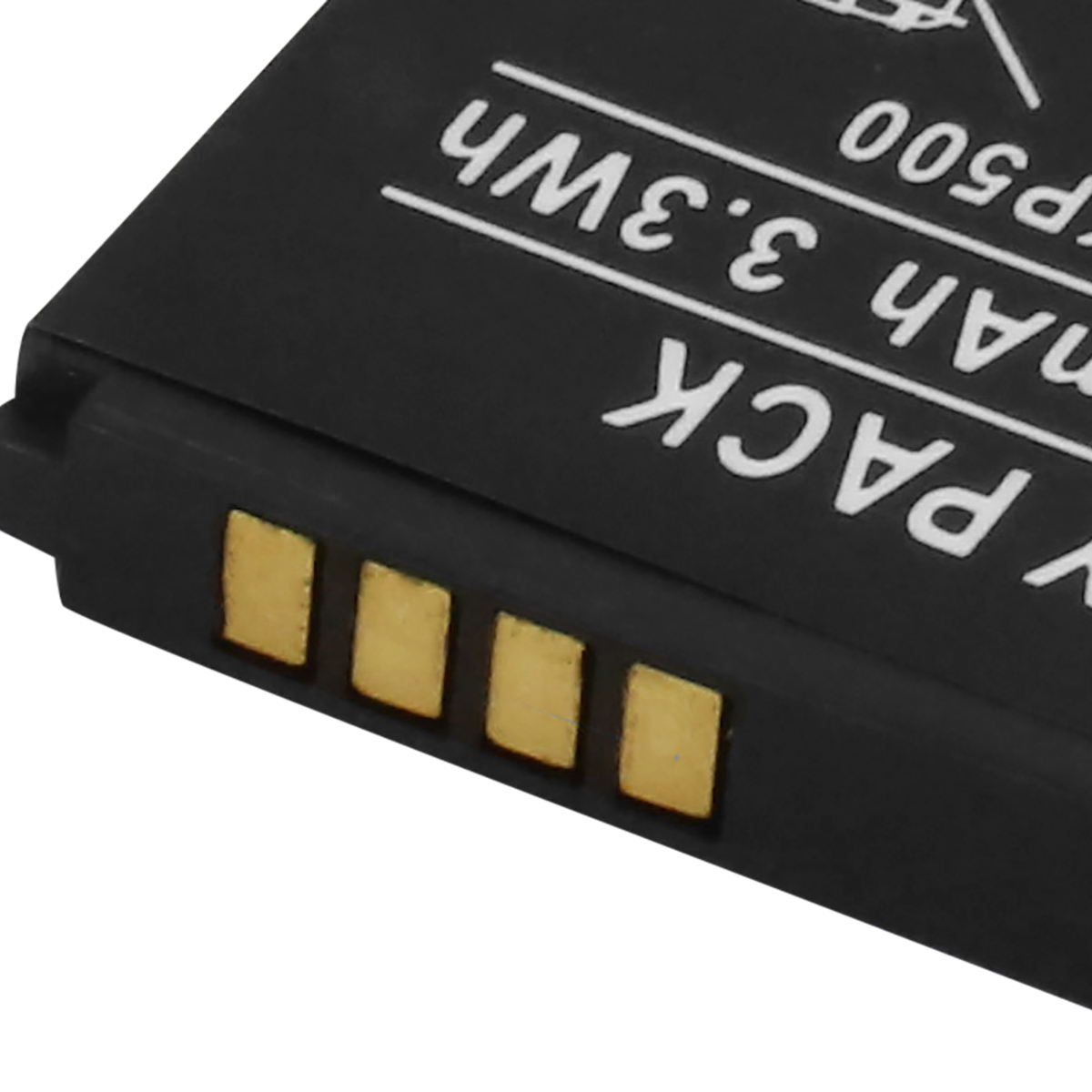 Primo piano di una batteria nera con contatti dorati e testo bianco.