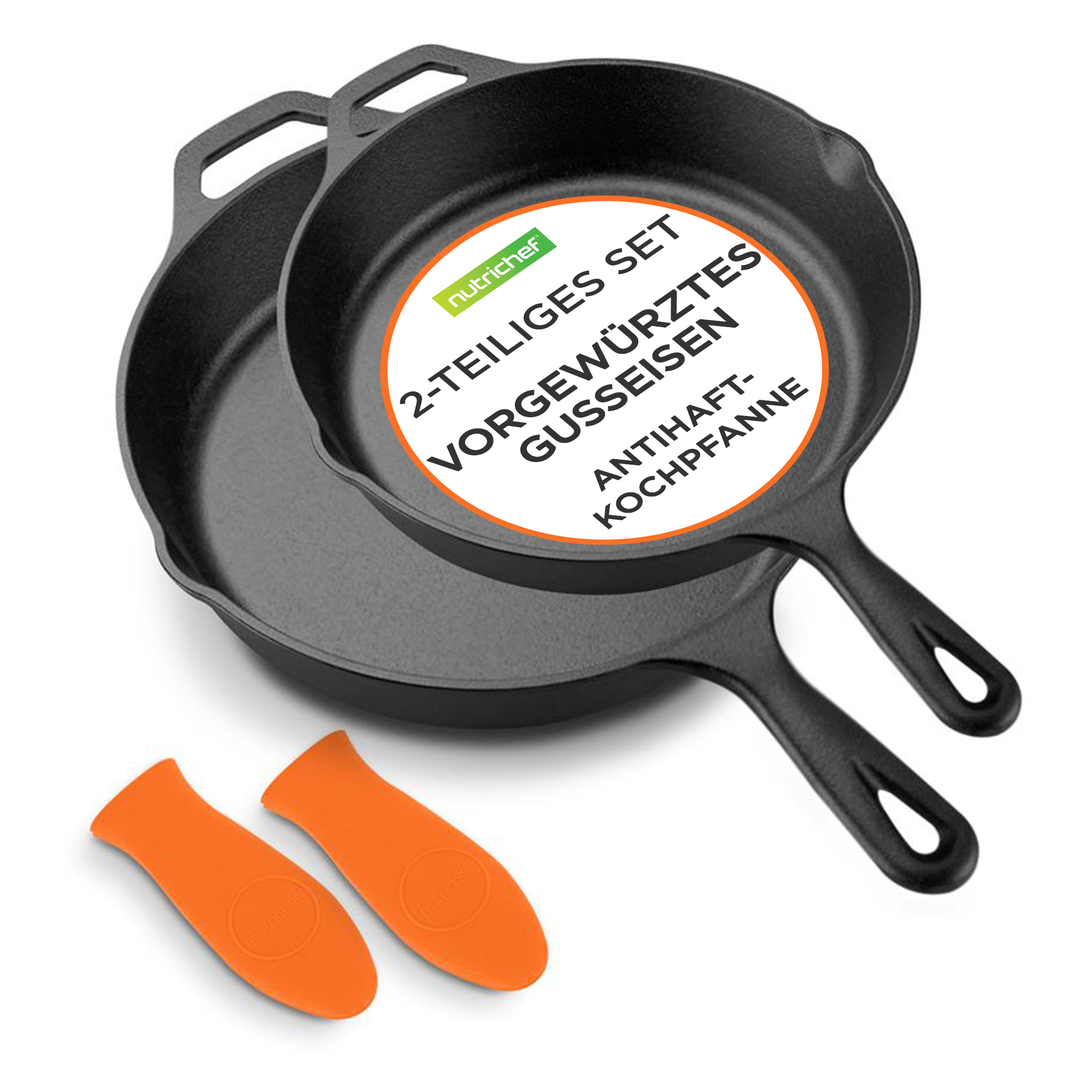 Zwei schwarze Gusseisenpfannen mit orangefarbenen Griffschonern.