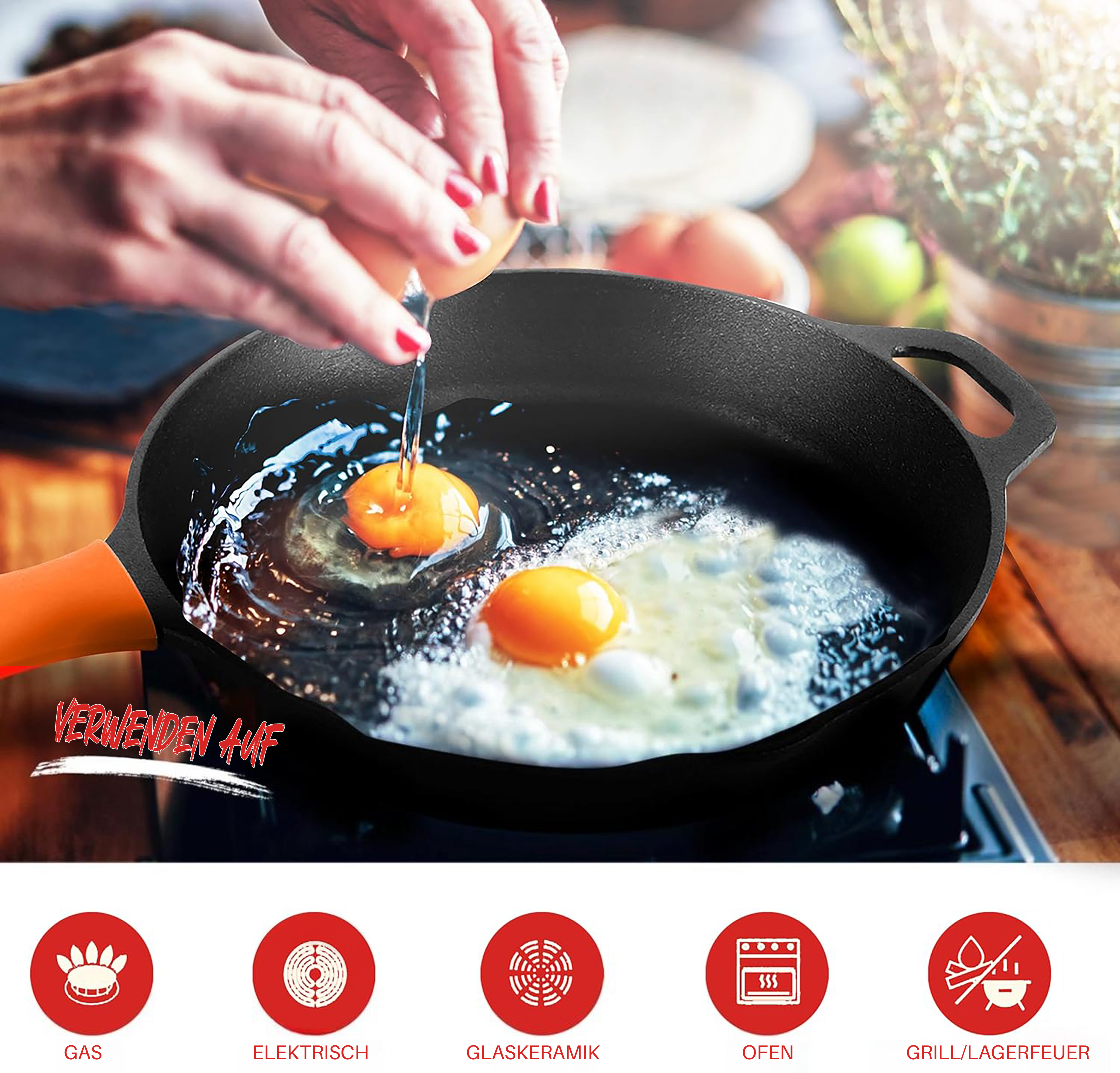 Ein Ei wird in eine Pfanne geschlagen, während andere Eier braten.