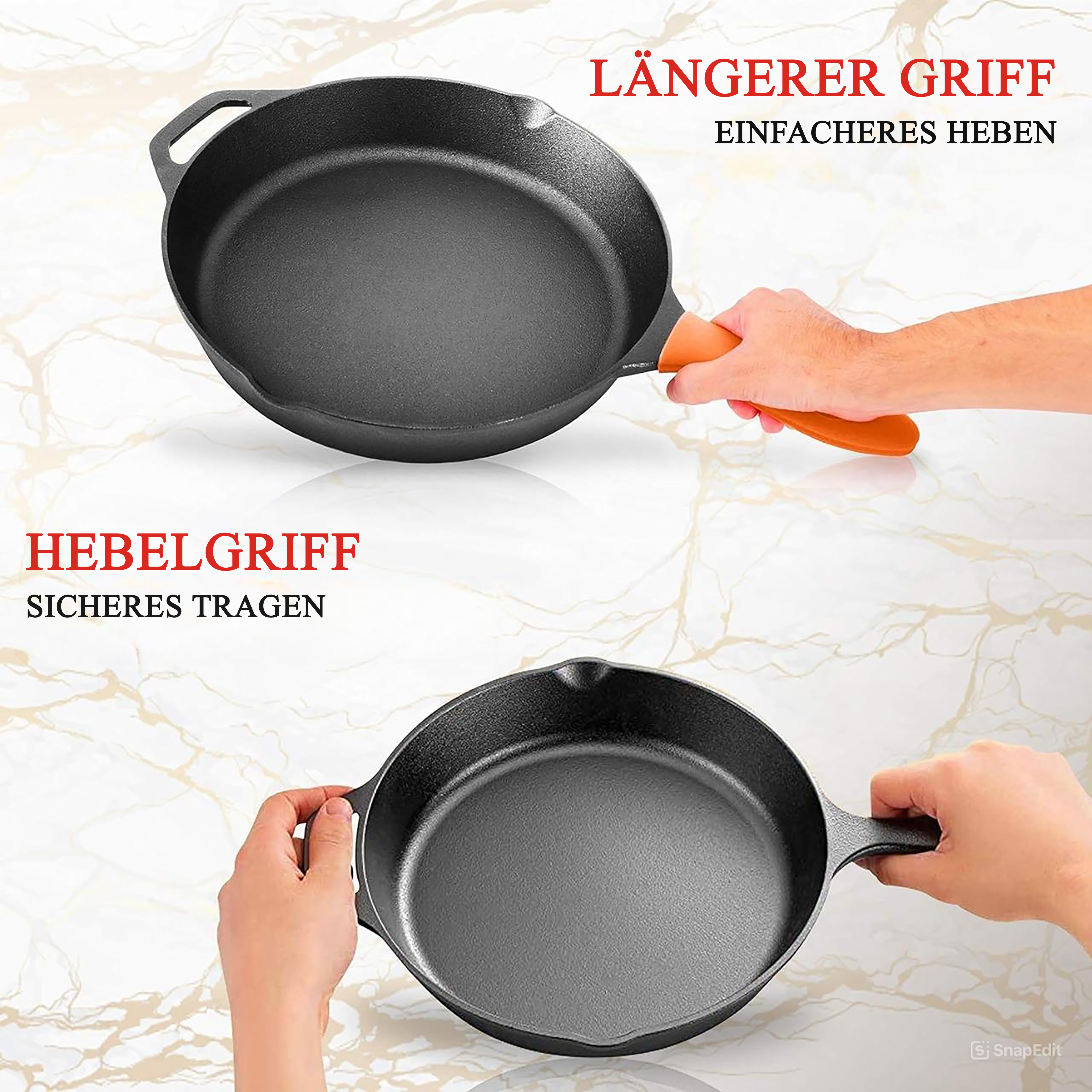 Zwei Ansichten einer Gusseisenpfanne: oben mit Griff, unten von beiden Händen gehalten.