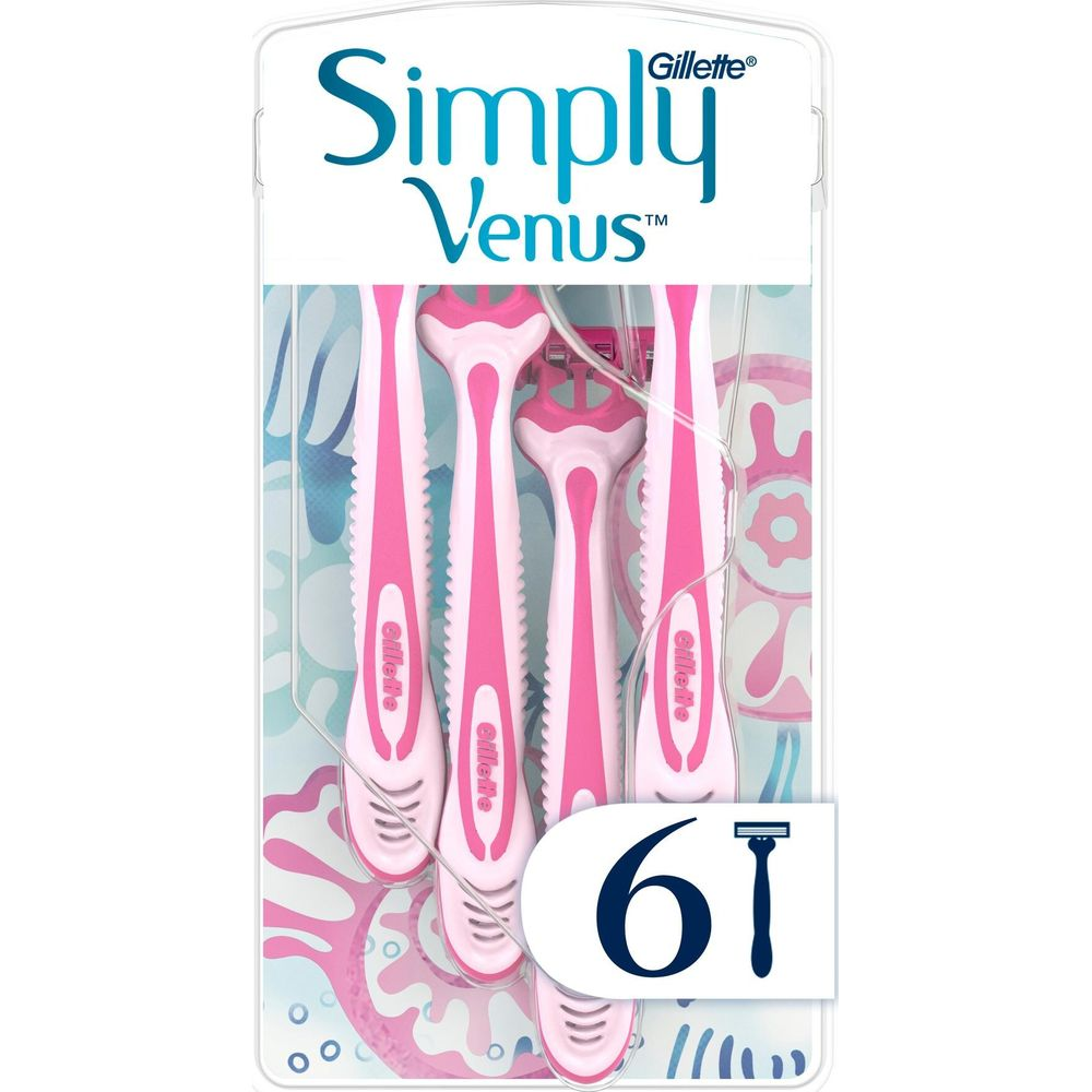 Confezione da 6 rasoi usa e getta Gillette Venus rosa e bianchi.