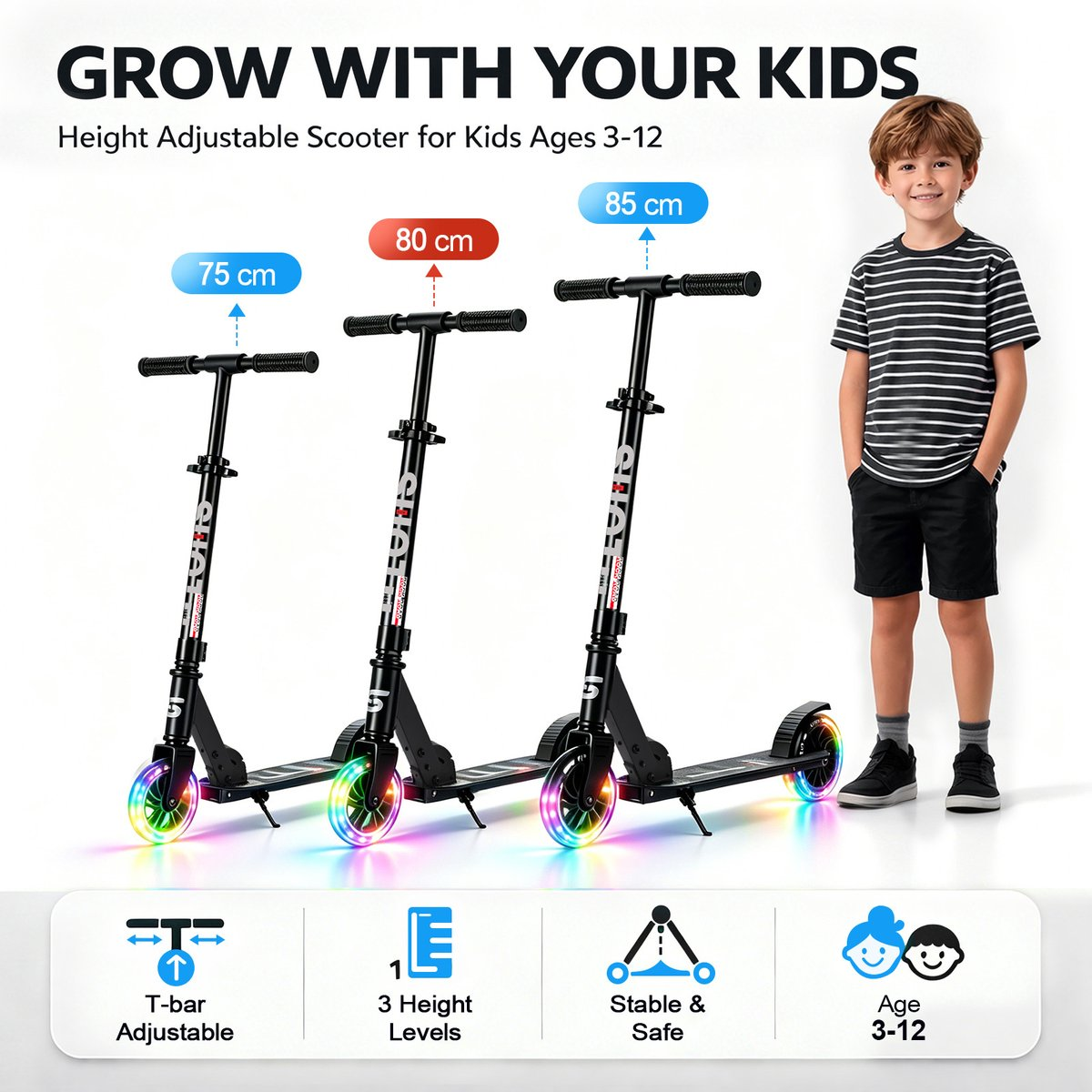 A boy stands next to three black scooters with lit wheels. Height indicators shown.