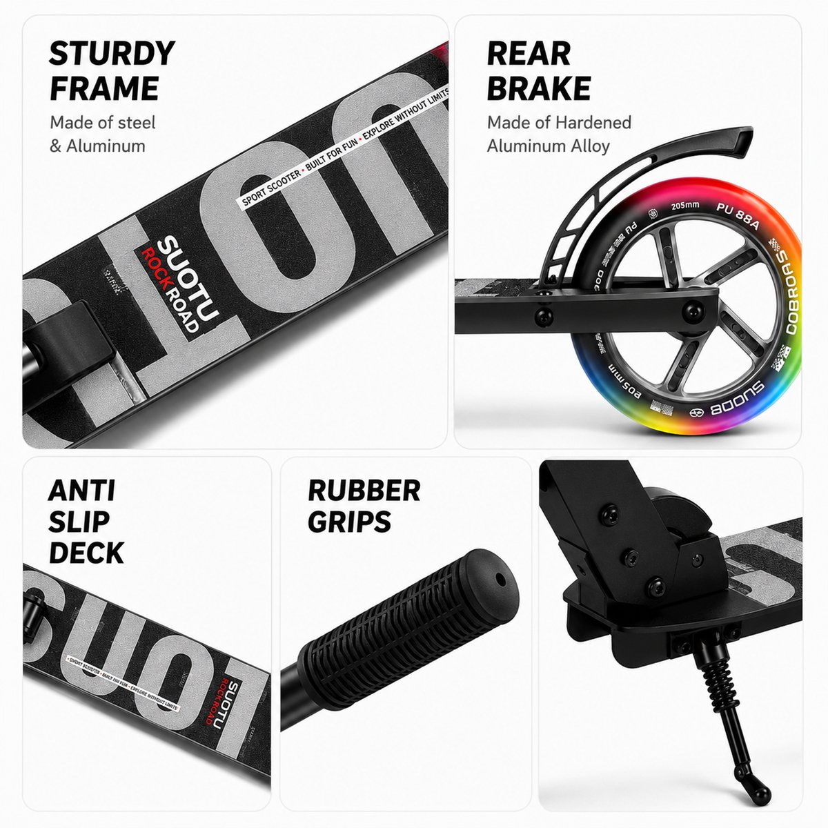 Collage of scooter parts: sturdy frame, rear brake, anti-slip deck, rubber grips.