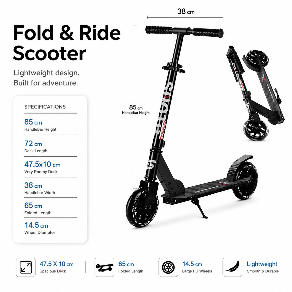 A black foldable scooter with specifications and dimensions shown.