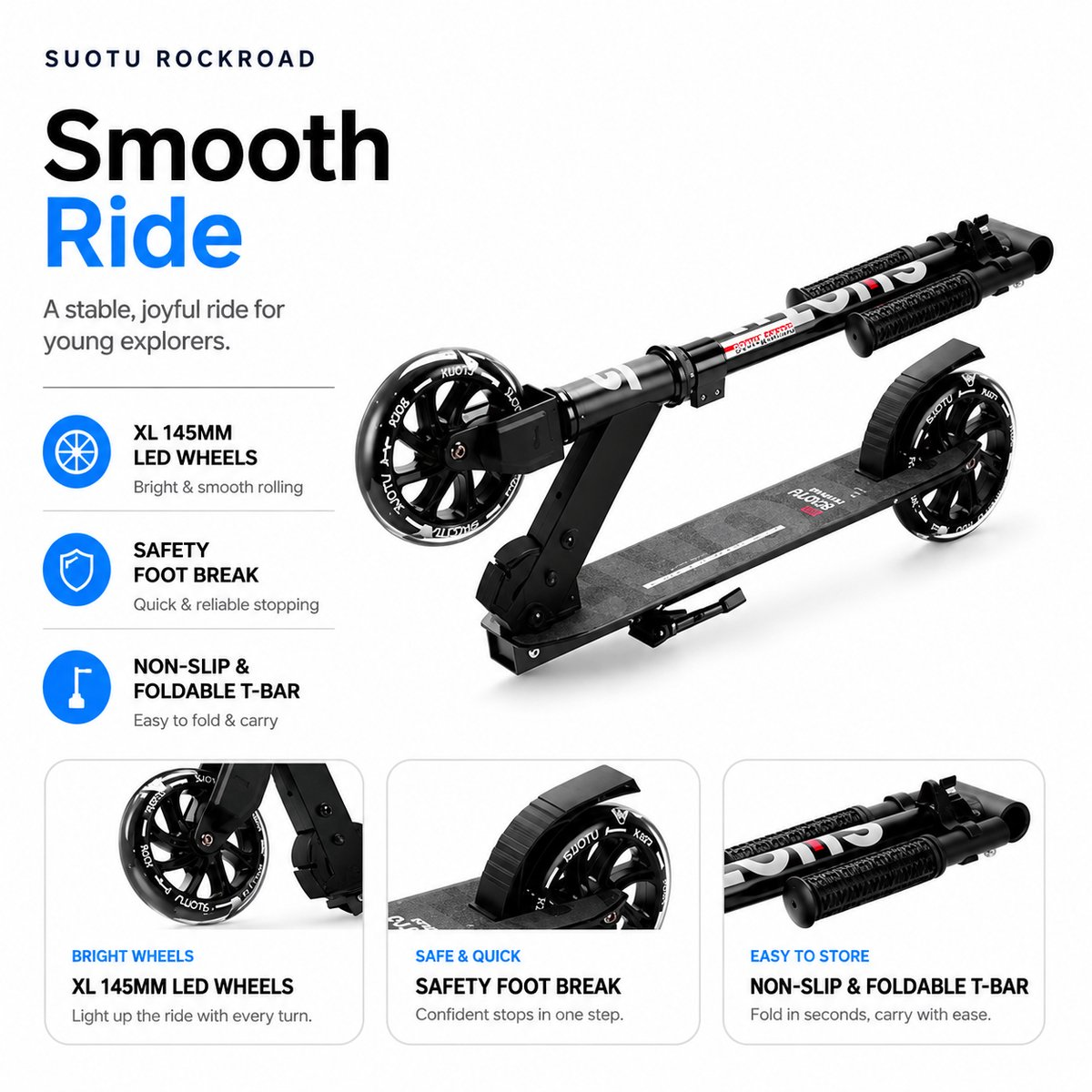 Black SUOTU ROCKROAD scooter with XL 145mm LED wheels and foldable T-bar.
