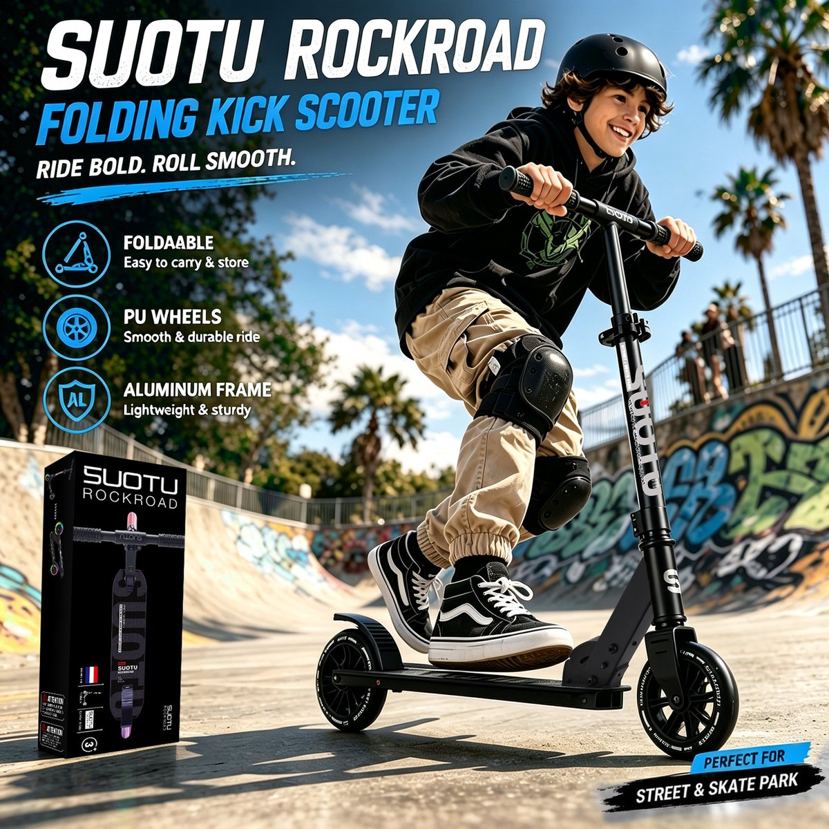 A boy rides a black SUOTU ROCKROAD folding kick scooter in a skate park.
