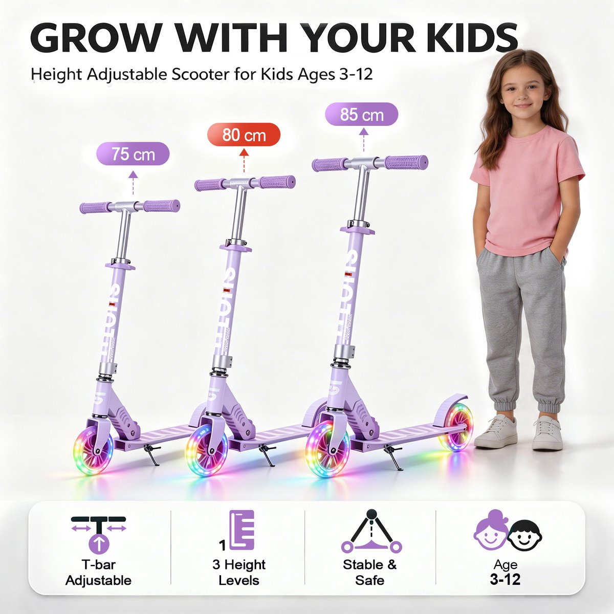 Three purple scooters with light-up wheels, next to a girl. Heights shown: 75, 80, 85 cm.