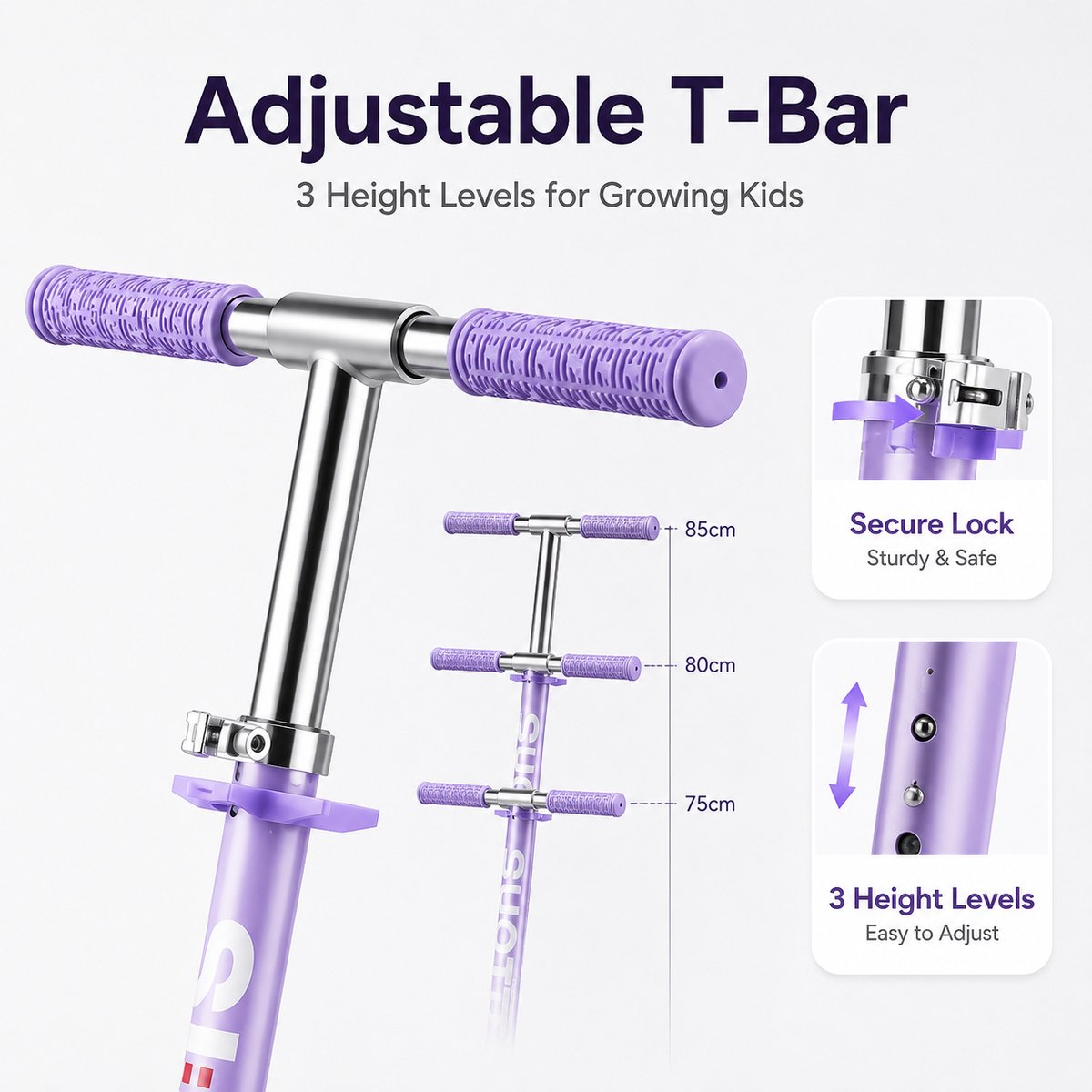 Adjustable T-bar scooter with purple handlebars and height adjustment.