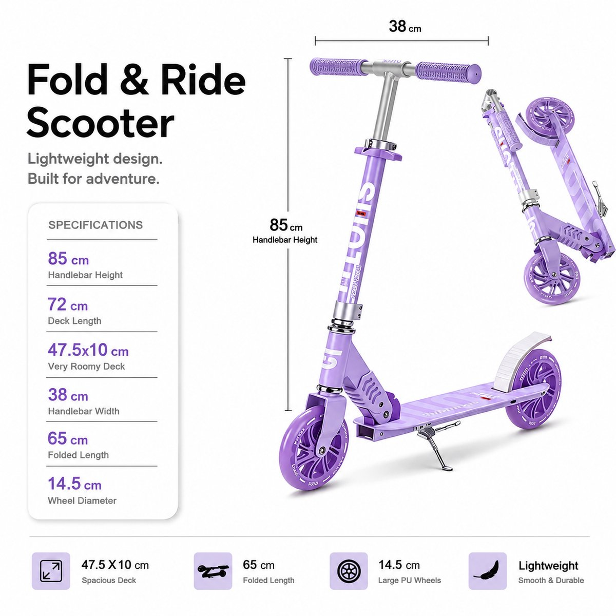 Purple scooter with specifications, 85cm handlebar height, 72cm deck length, 38cm handlebar width.