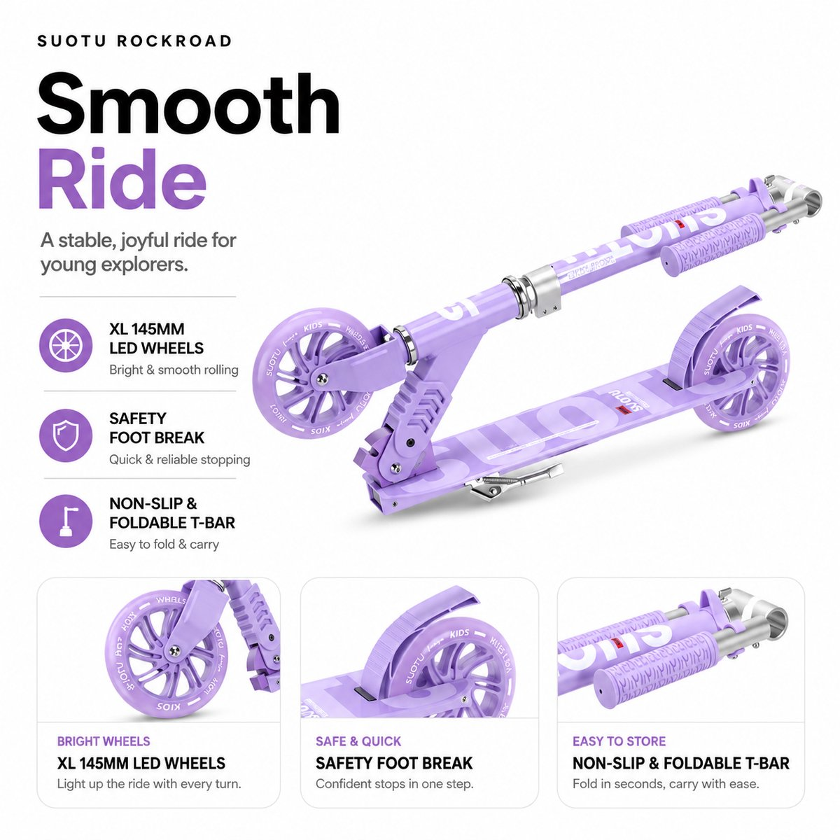 A purple scooter with LED wheels, safety brake, and foldable handlebar.