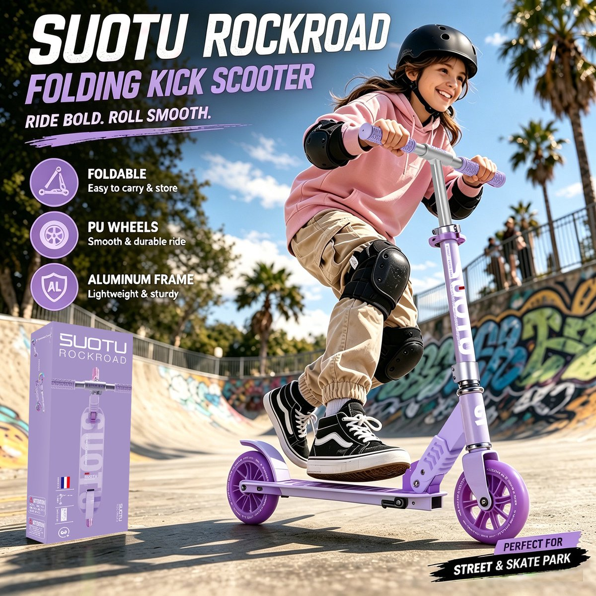 A girl rides a purple scooter in a skatepark. The scooter is perfect for street and skate park.