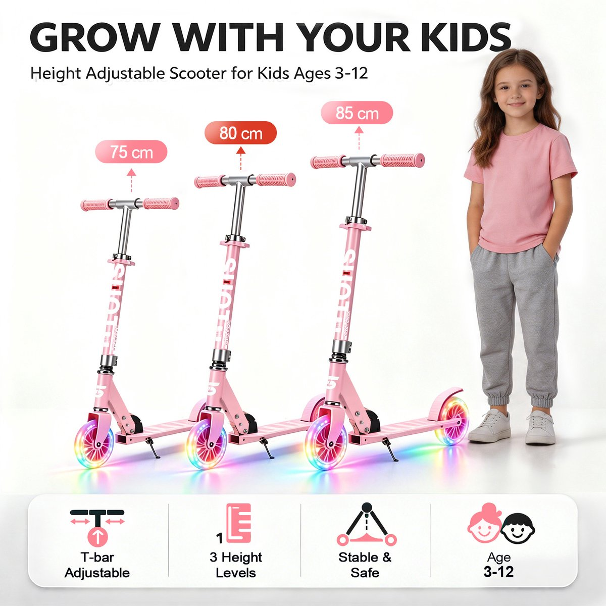 Three pink scooters with light-up wheels and a girl beside them.