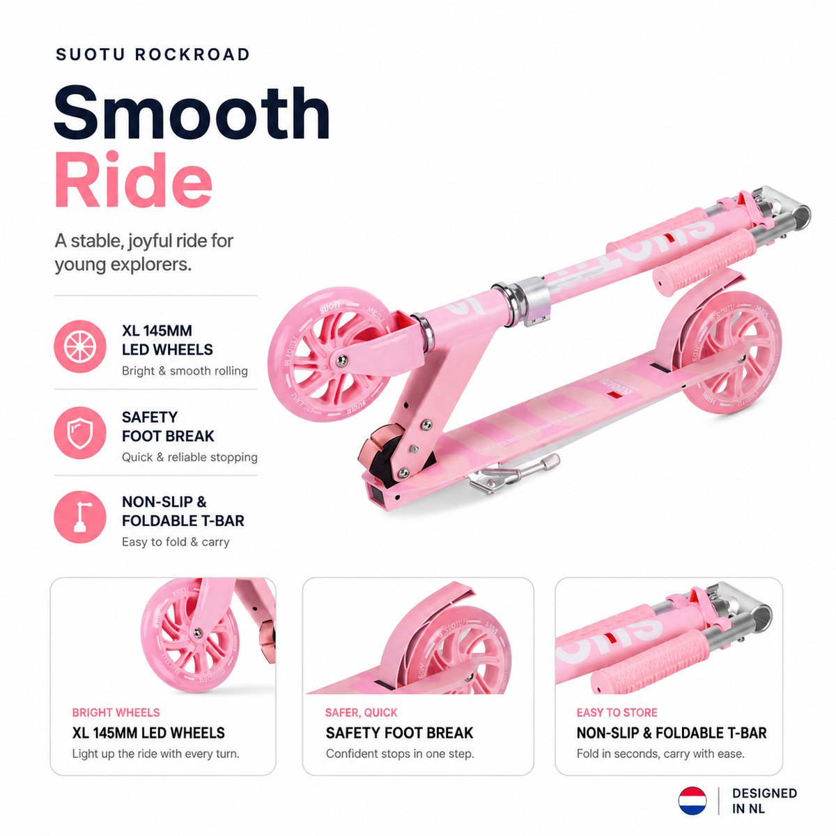 A pink scooter with LED wheels, foot brake, and foldable handlebar.