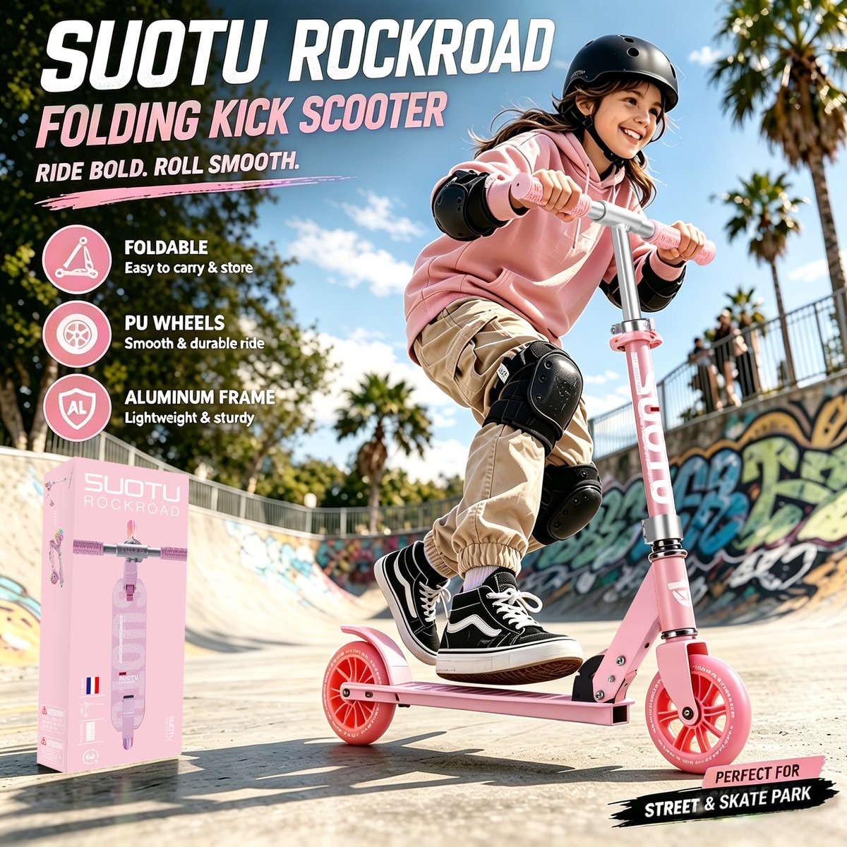 A girl rides a pink scooter in a skatepark. Text highlights features.