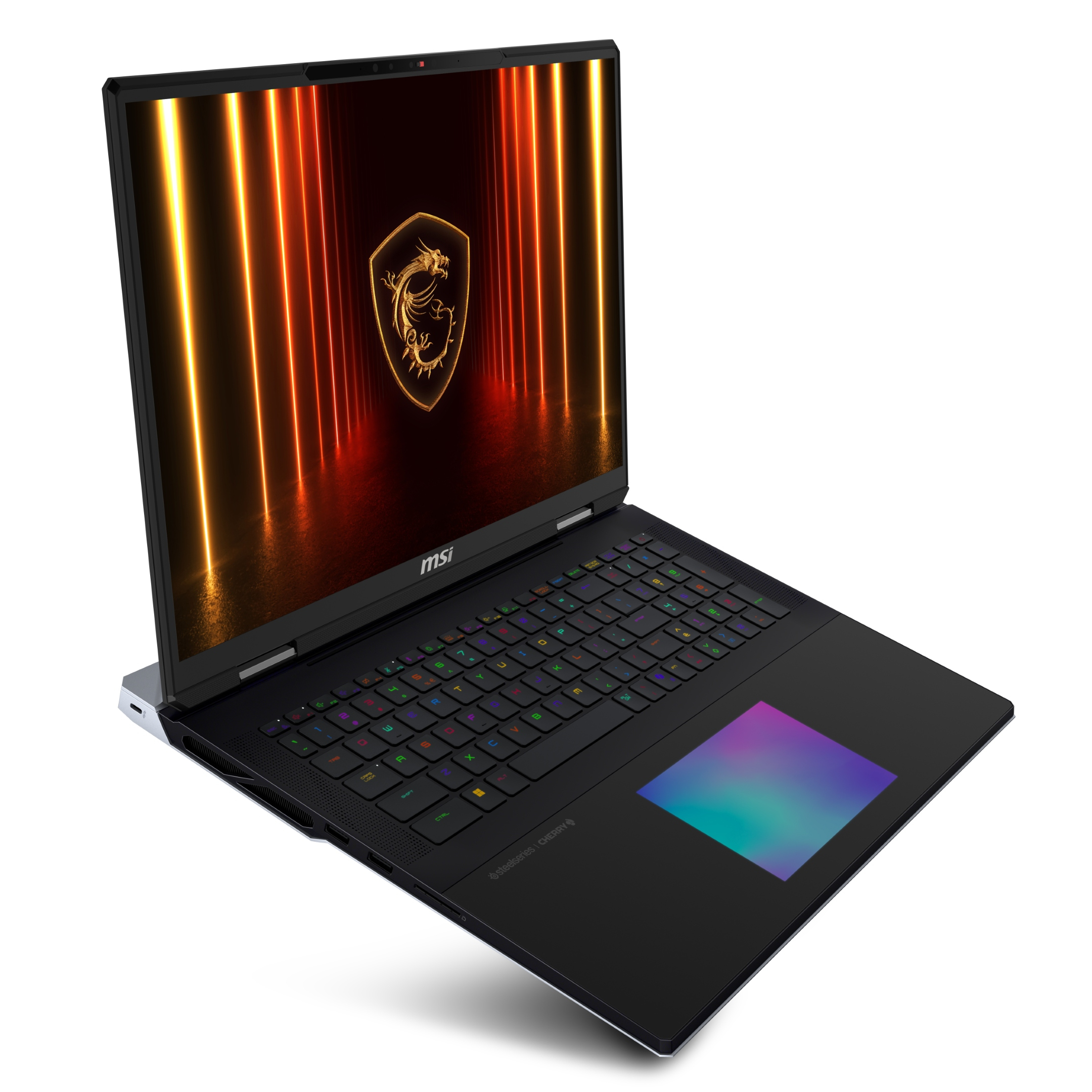 Laptop nero con logo MSI, tastiera illuminata e sfondo con logo del drago.
