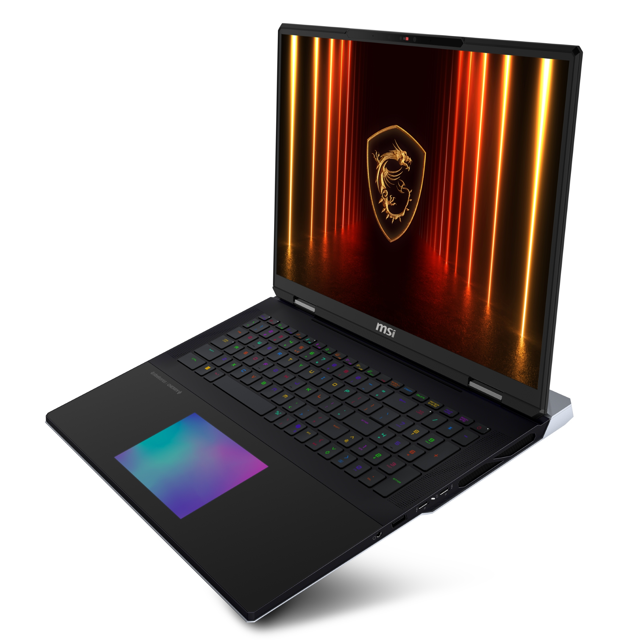 Un laptop da gaming MSI nero con tastiera retroilluminata e logo del drago sullo schermo.