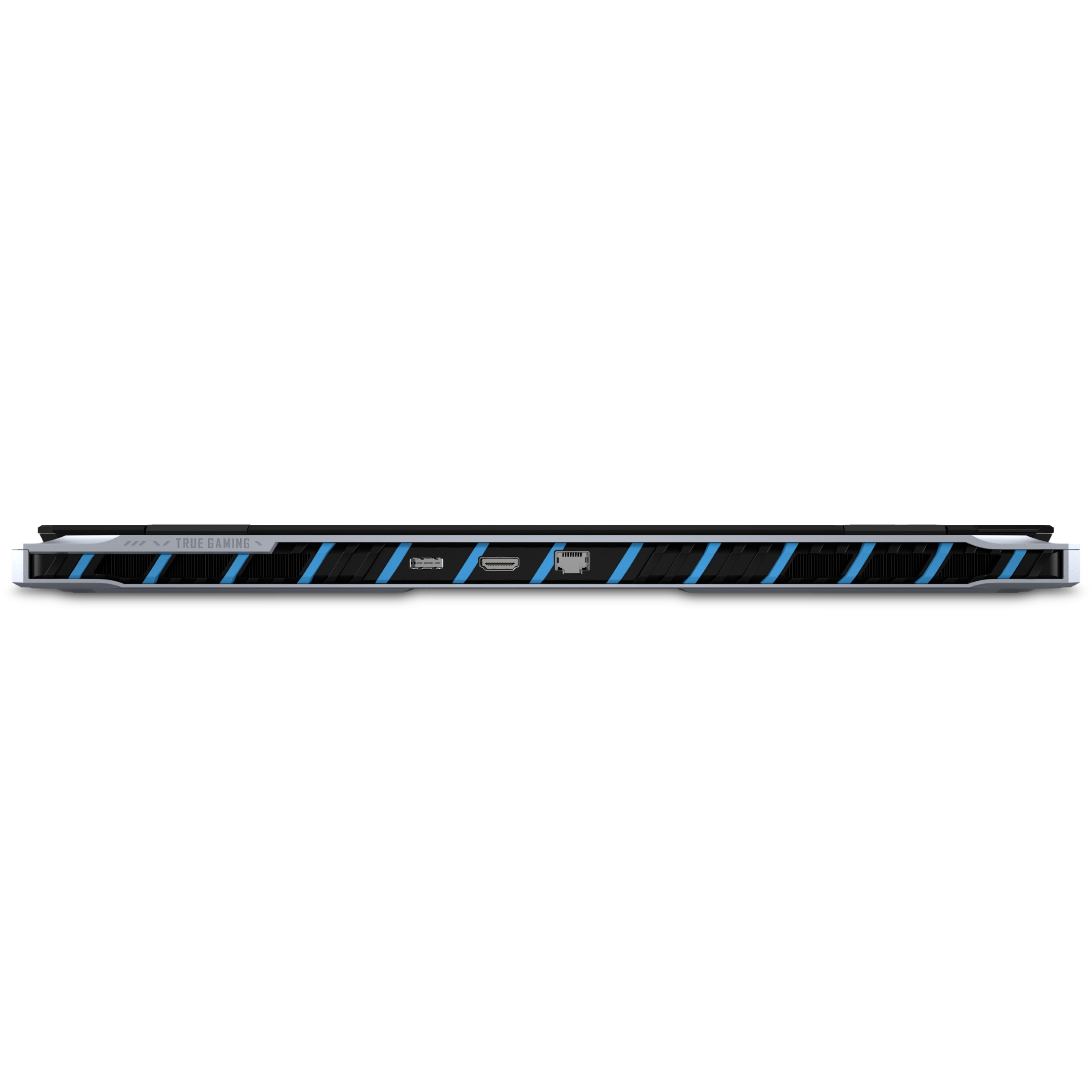 Laptop nero con accenti blu, porte e scritta "TRUE GAMING".