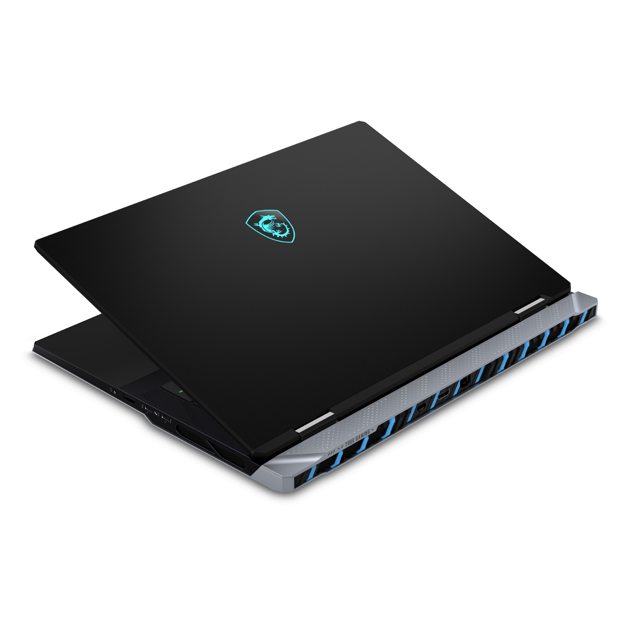 Laptop nero con logo drago blu e fessure di ventilazione blu.