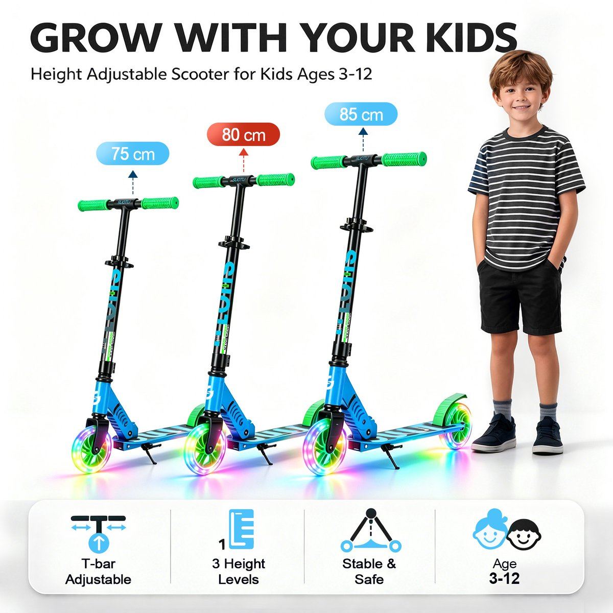 A boy stands next to three blue scooters with green handles and light-up wheels.