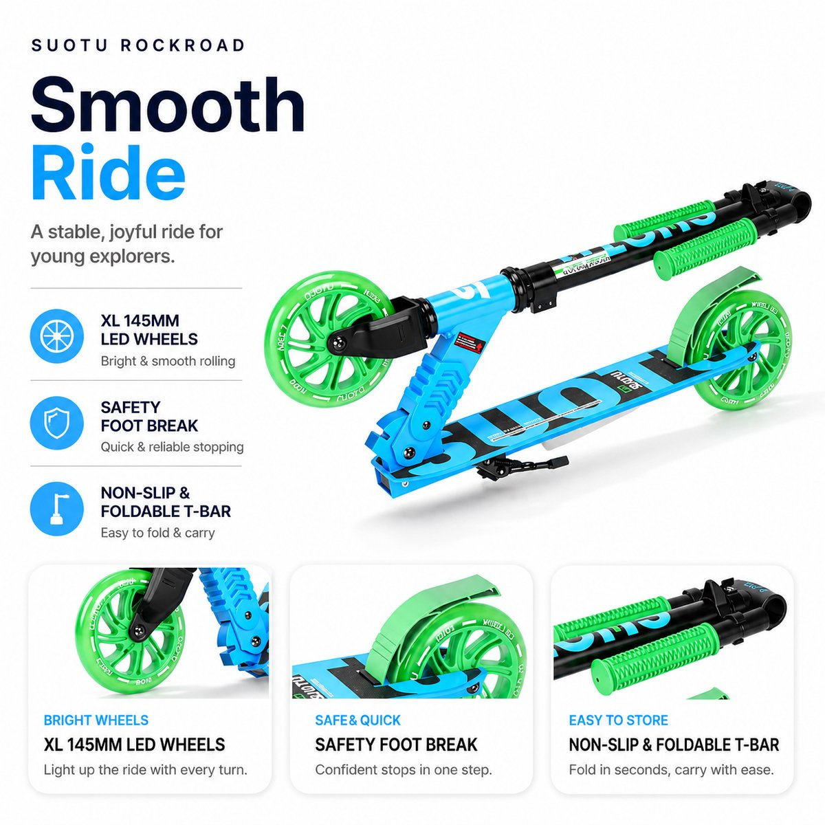 Blue scooter with green wheels and handlebars, designed for young explorers.