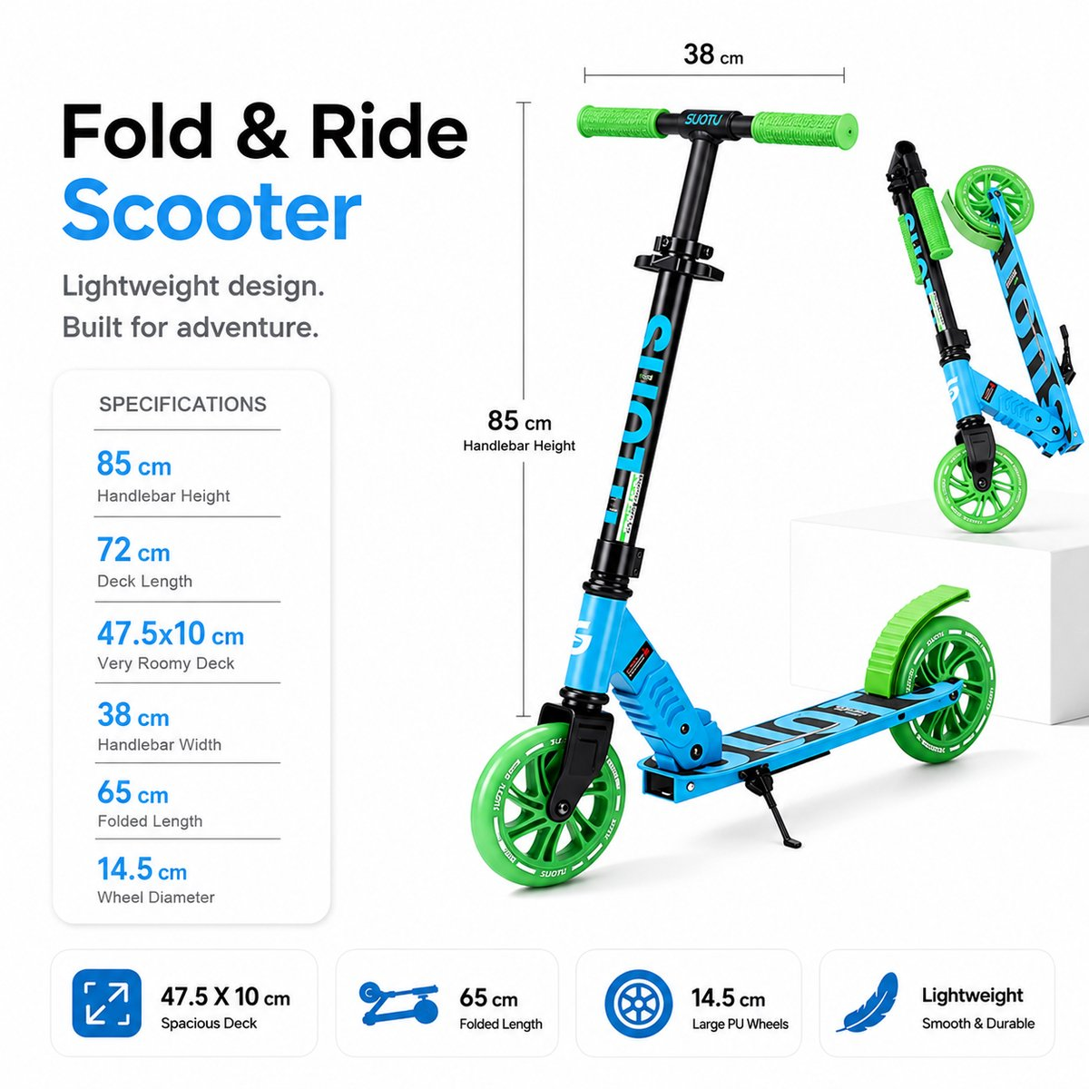A blue and green scooter with specifications including 85cm handlebar height.