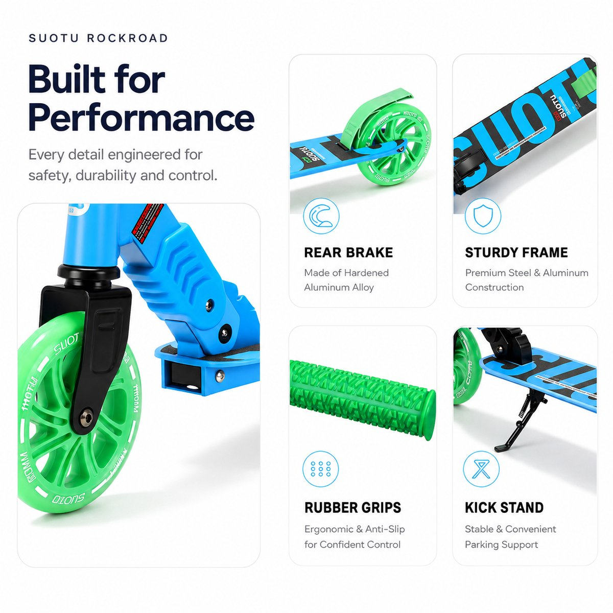 A blue scooter with green wheels, brakes, grips, and kickstand.