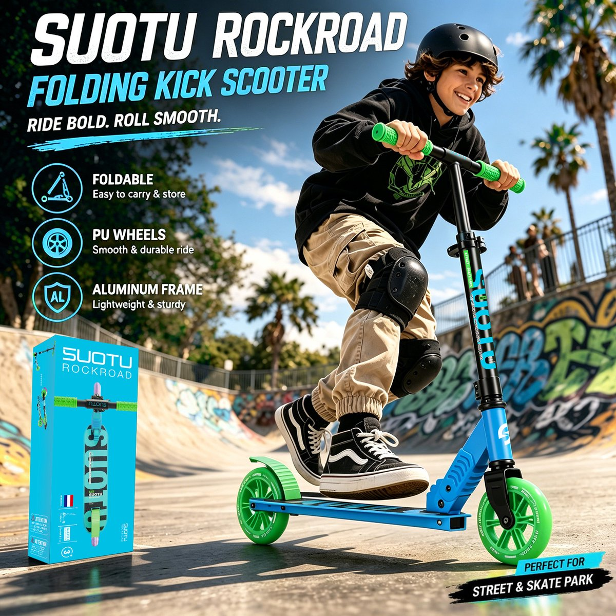 Young boy rides a blue scooter with green wheels in a skatepark. Text above.