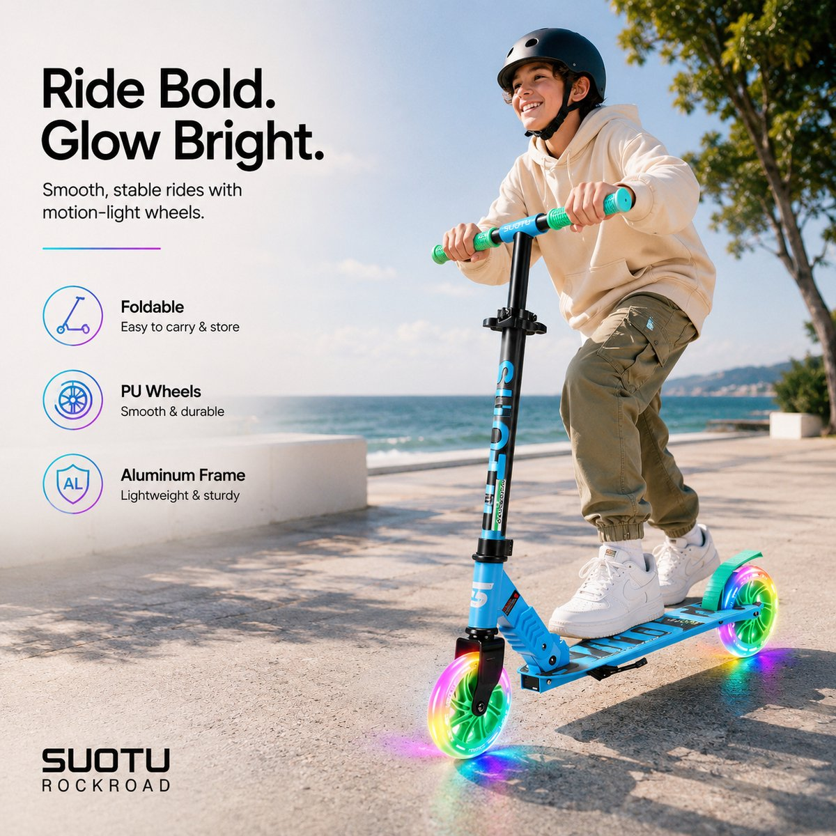 Boy rides blue scooter with light-up wheels by the sea. Text: Ride Bold. Glow Bright.