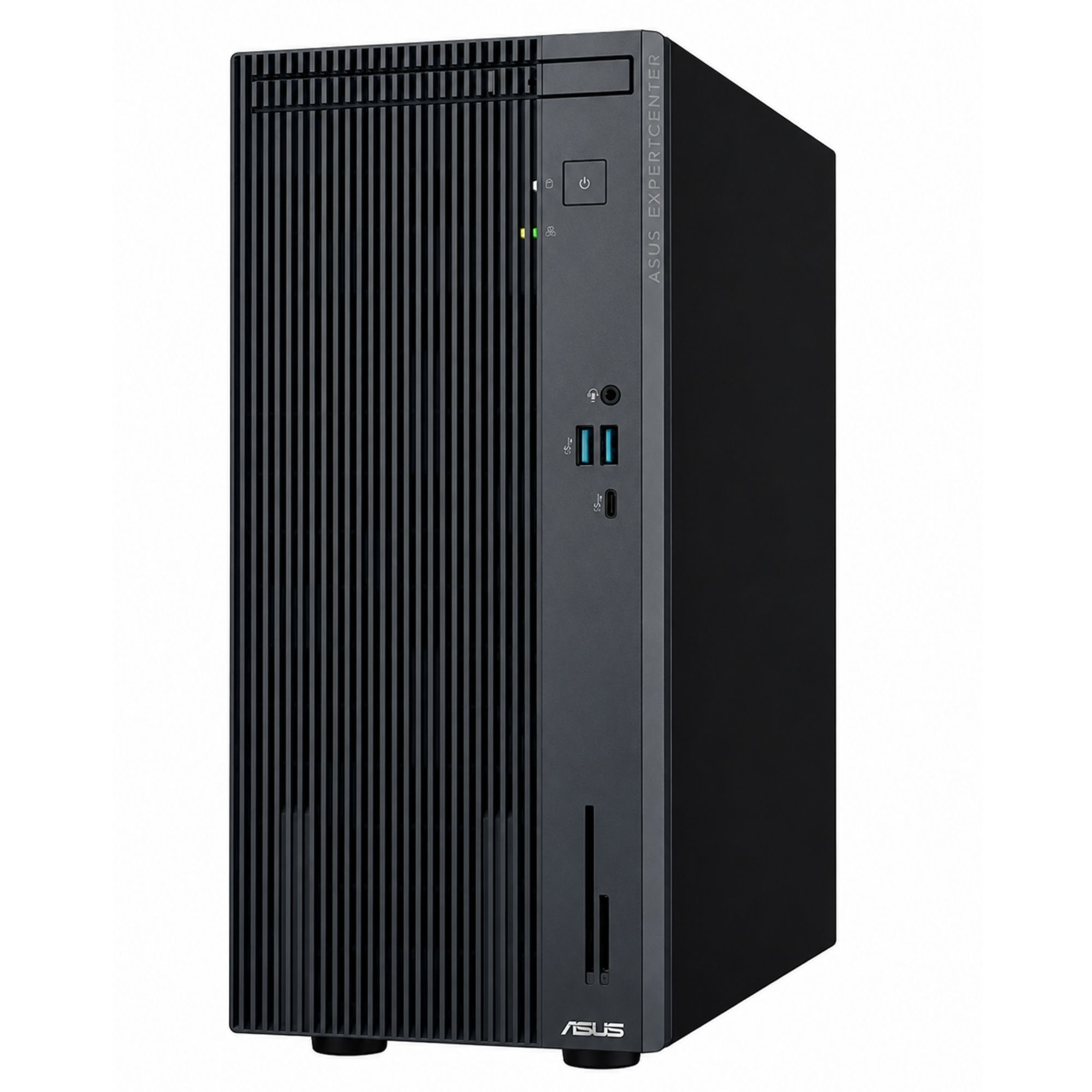 Dikey havalandırmalara ve bağlantı noktalarına sahip siyah ASUS ExpertCenter masaüstü bilgisayar.