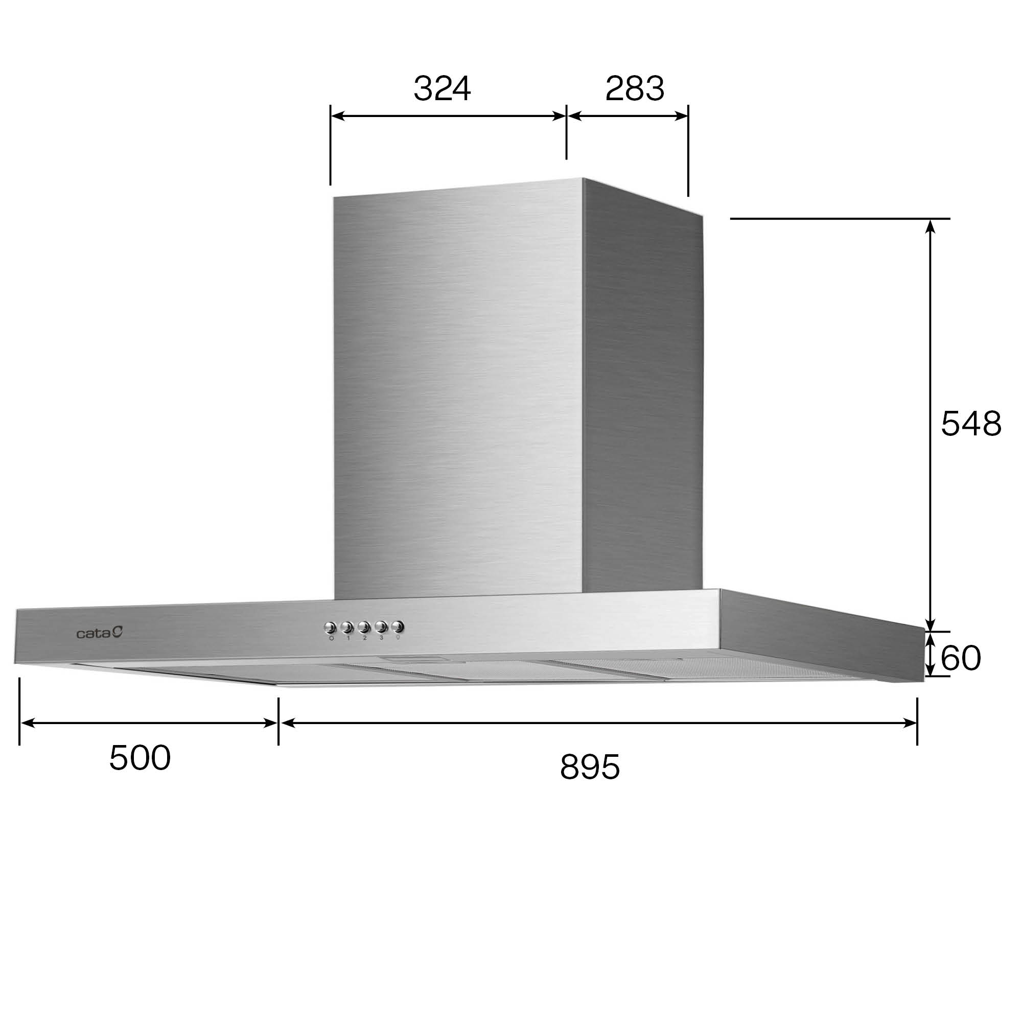 Campana extractora de acero inoxidable con dimensiones: 895x500x548mm, ancho 324+283mm.