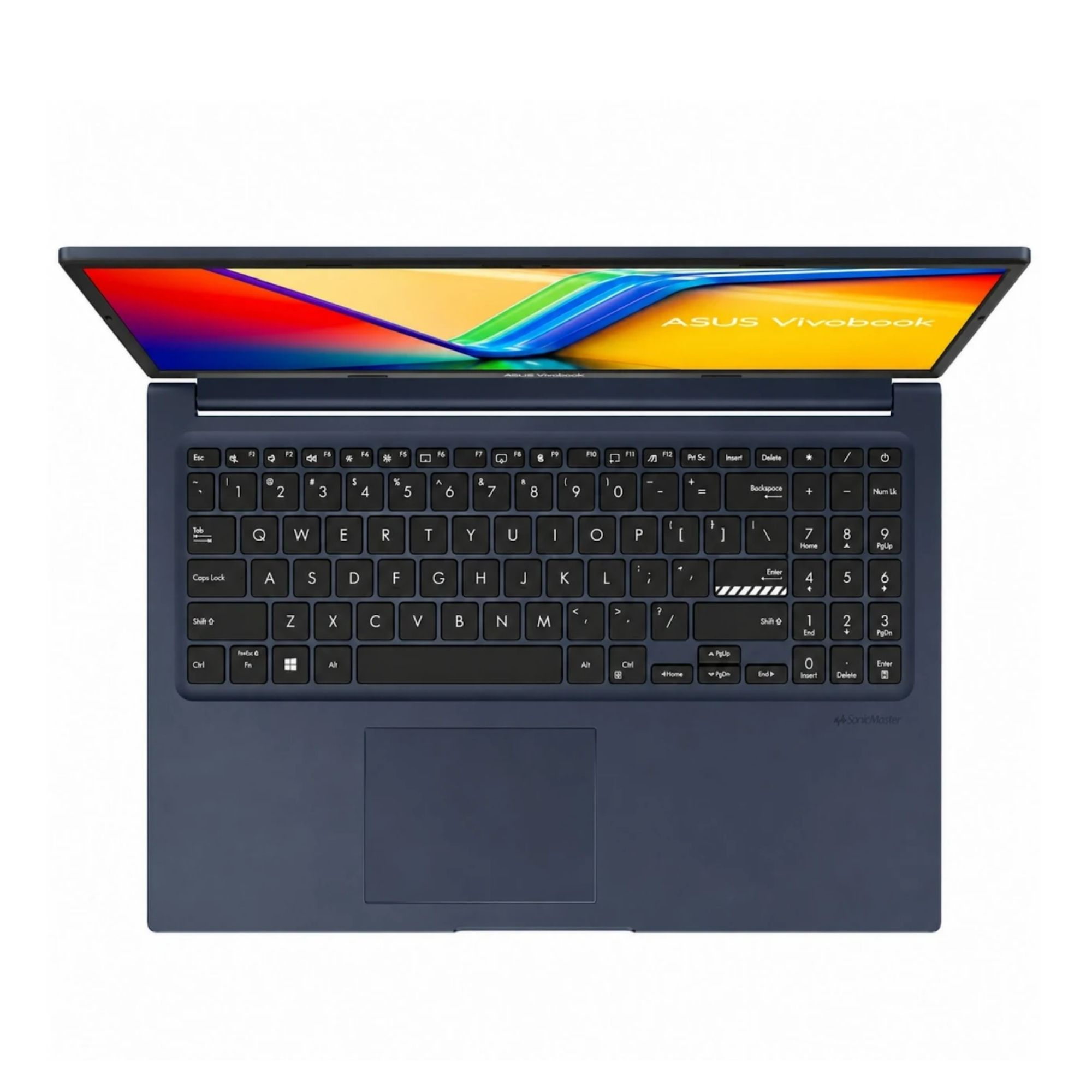 Renkli bir desen gösteren ekrana sahip koyu mavi ASUS Vivobook dizüstü bilgisayar.