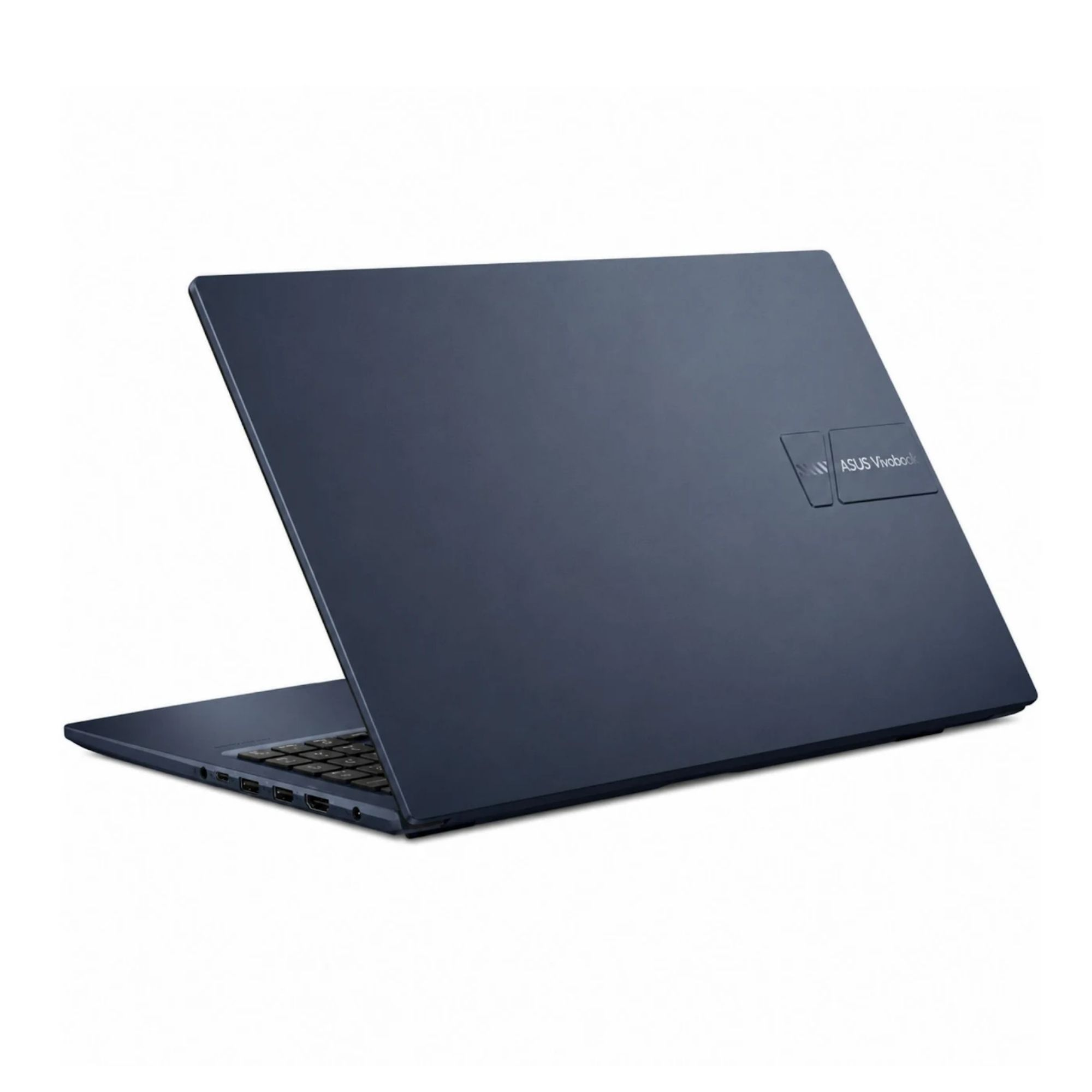 Açık kapaklı, klavye ve portları gösteren lacivert dizüstü bilgisayar. ASUS Vivobook.