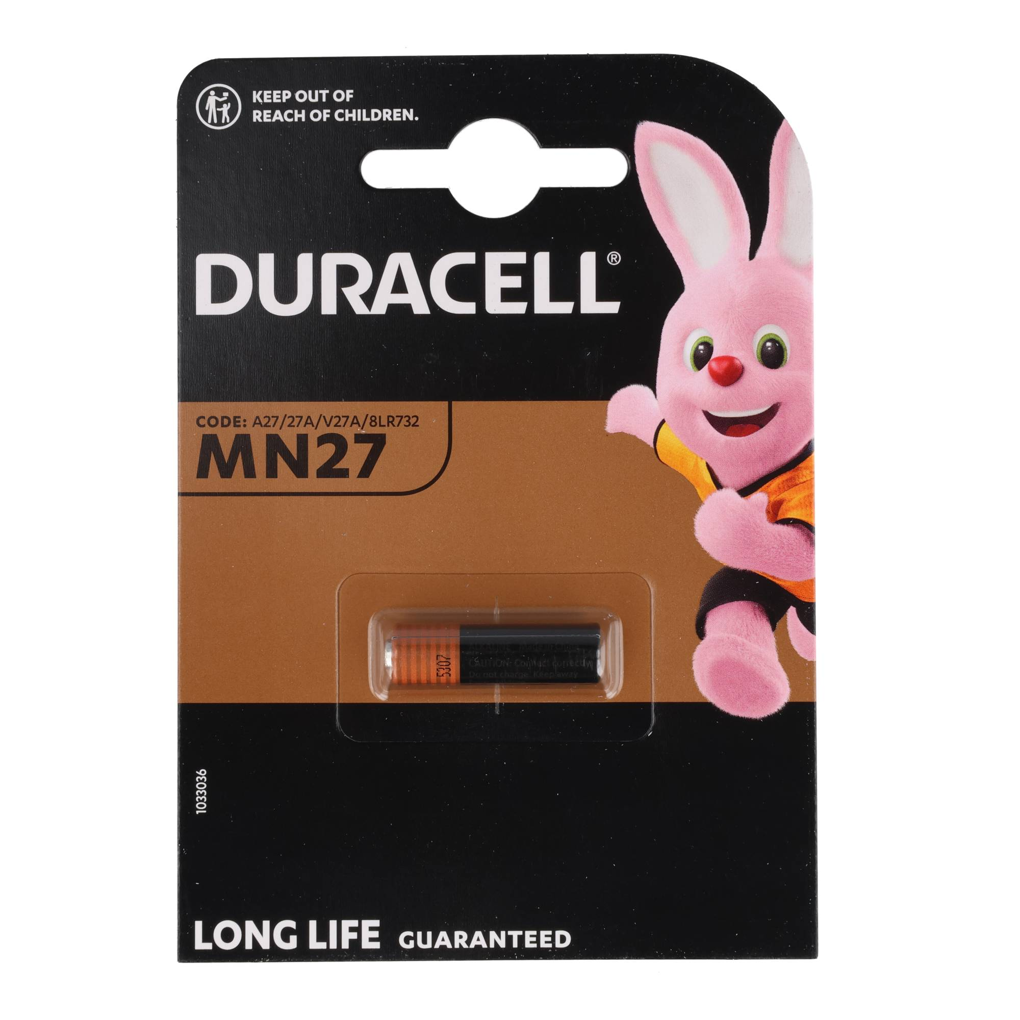 Duracell MN27 Batterie in Verpackung mit Duracell Hase. Warnhinweis: Außer Reichweite von Kindern.