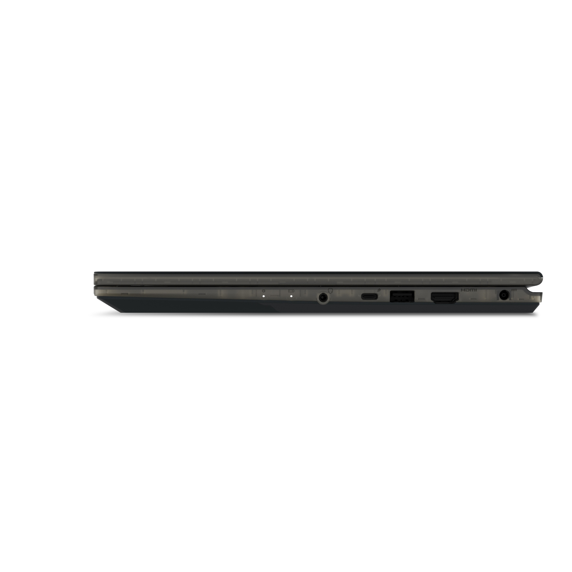 Vista laterale di un laptop scuro che mostra le porte: USB-C, USB-A, HDMI, jack cuffie.