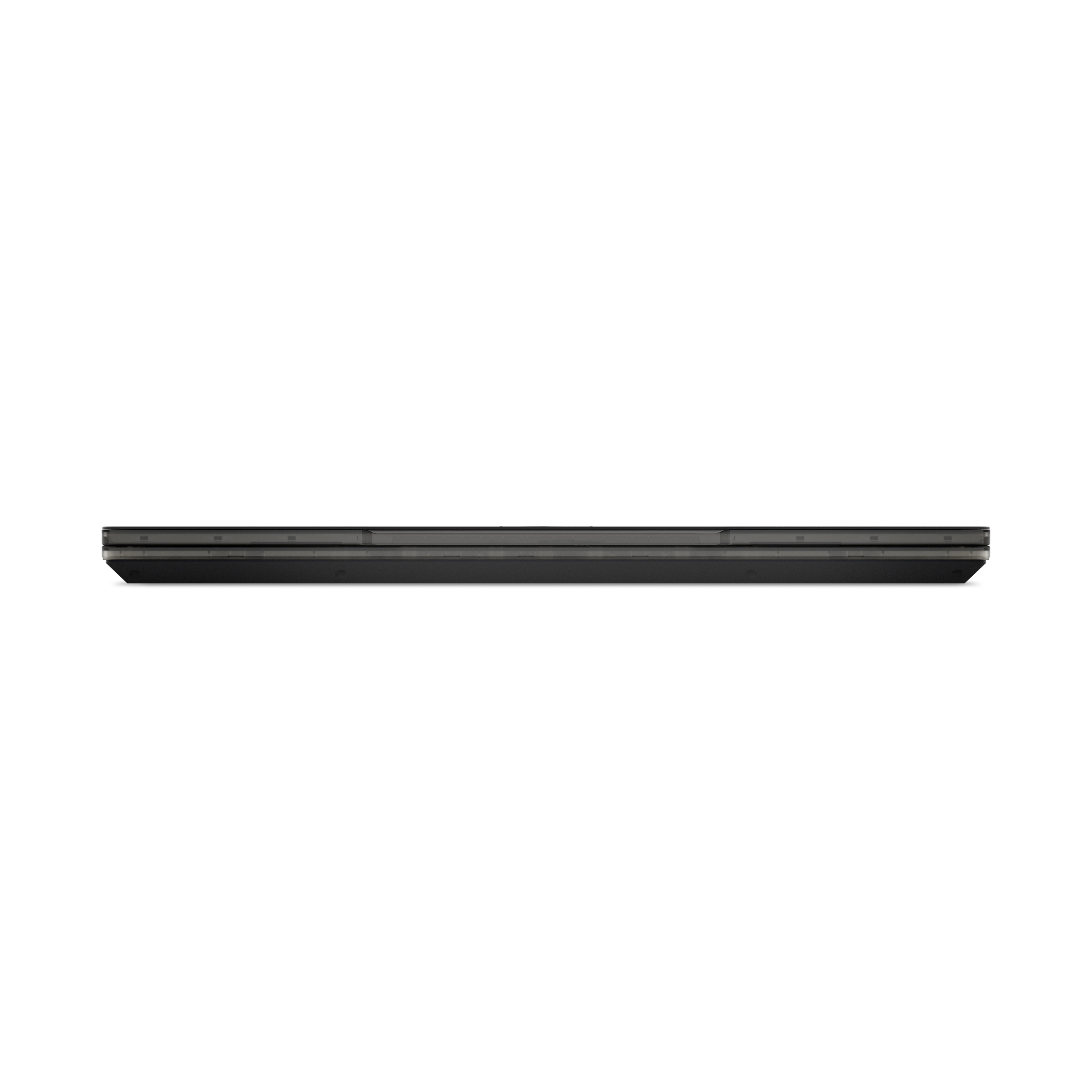 Un laptop nero, piatto e chiuso giace su uno sfondo bianco.