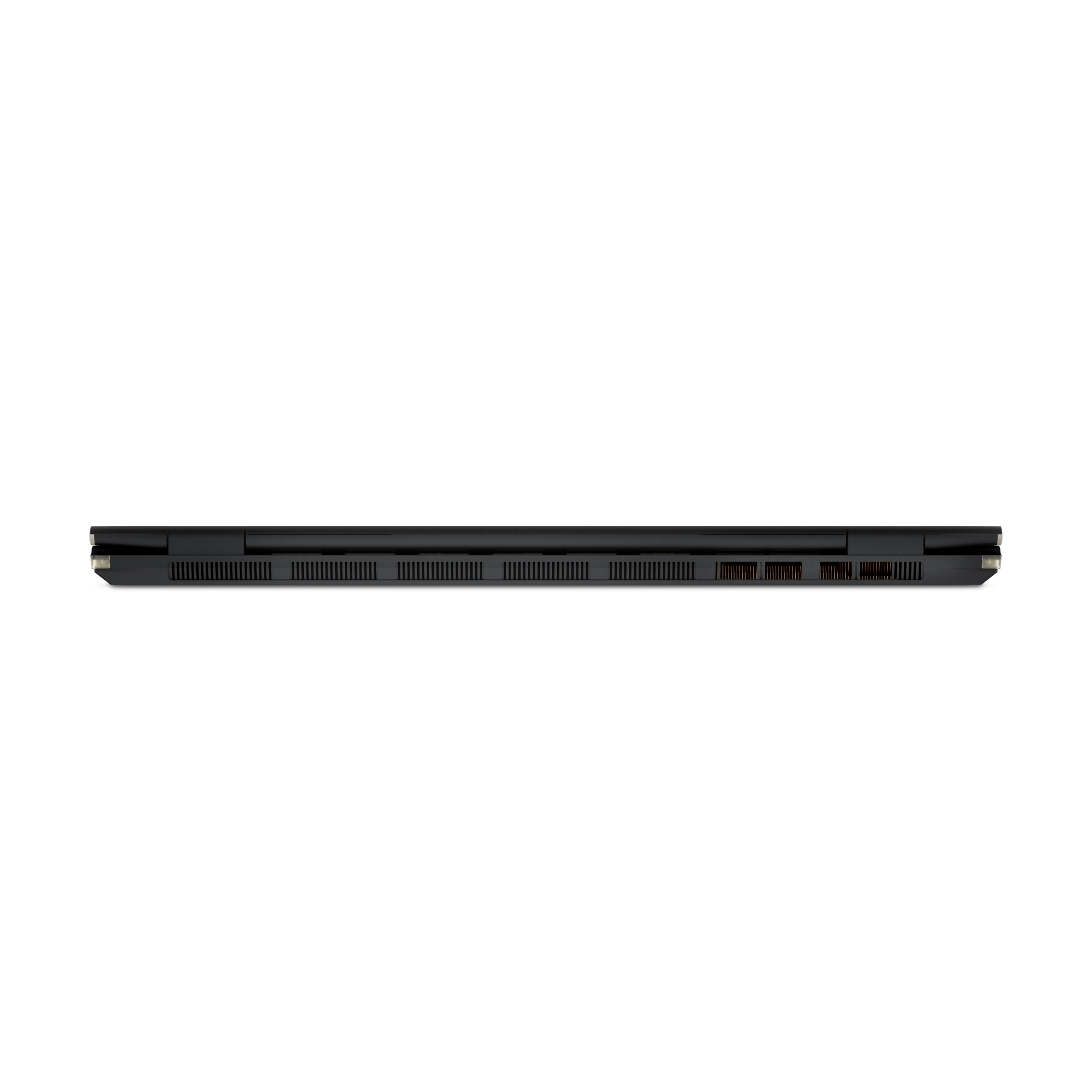 Laptop nero con prese d'aria e porte sul lato.