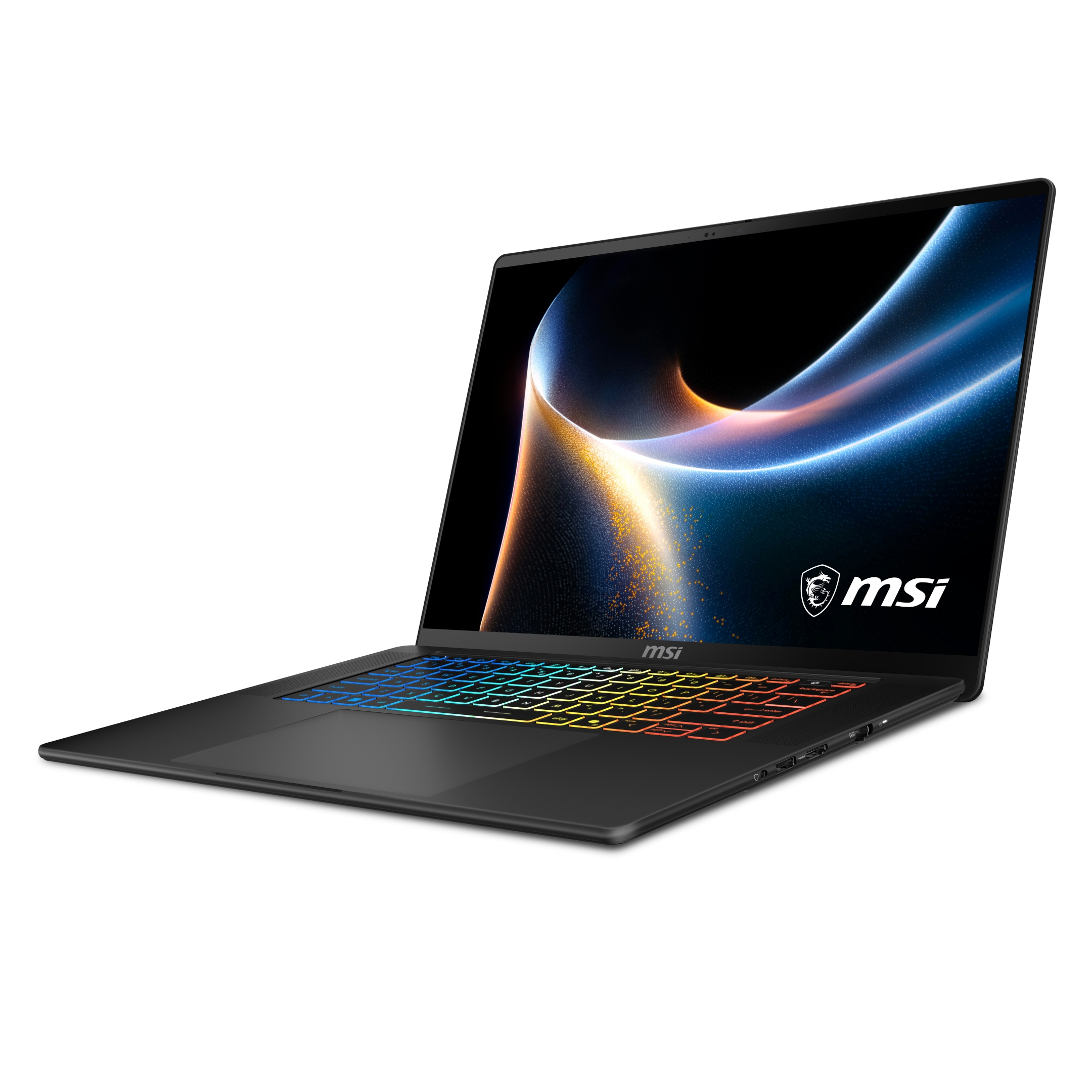 Un laptop MSI nero con tastiera retroilluminata colorata e sfondo vivace.