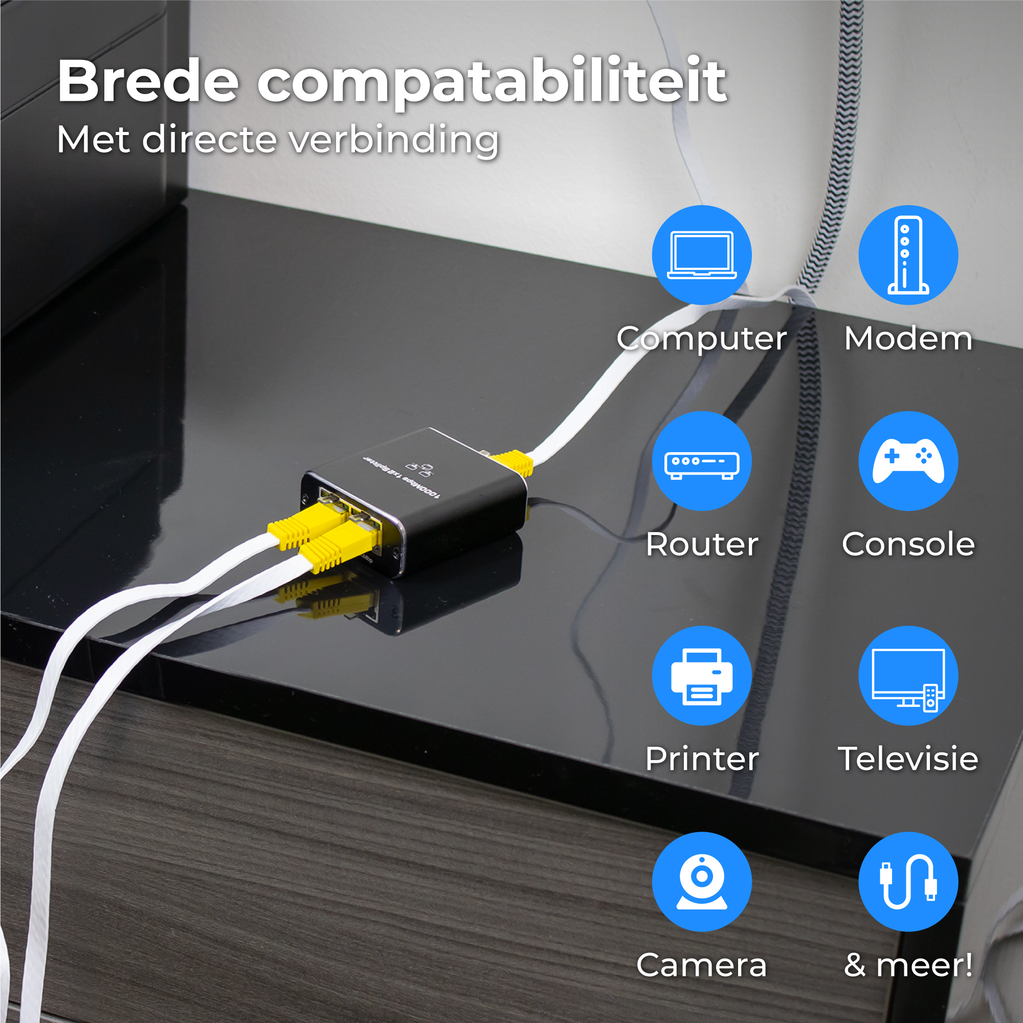 Netwerk splitter met Ethernet kabels, verbindt computers, routers, printers, camera's.