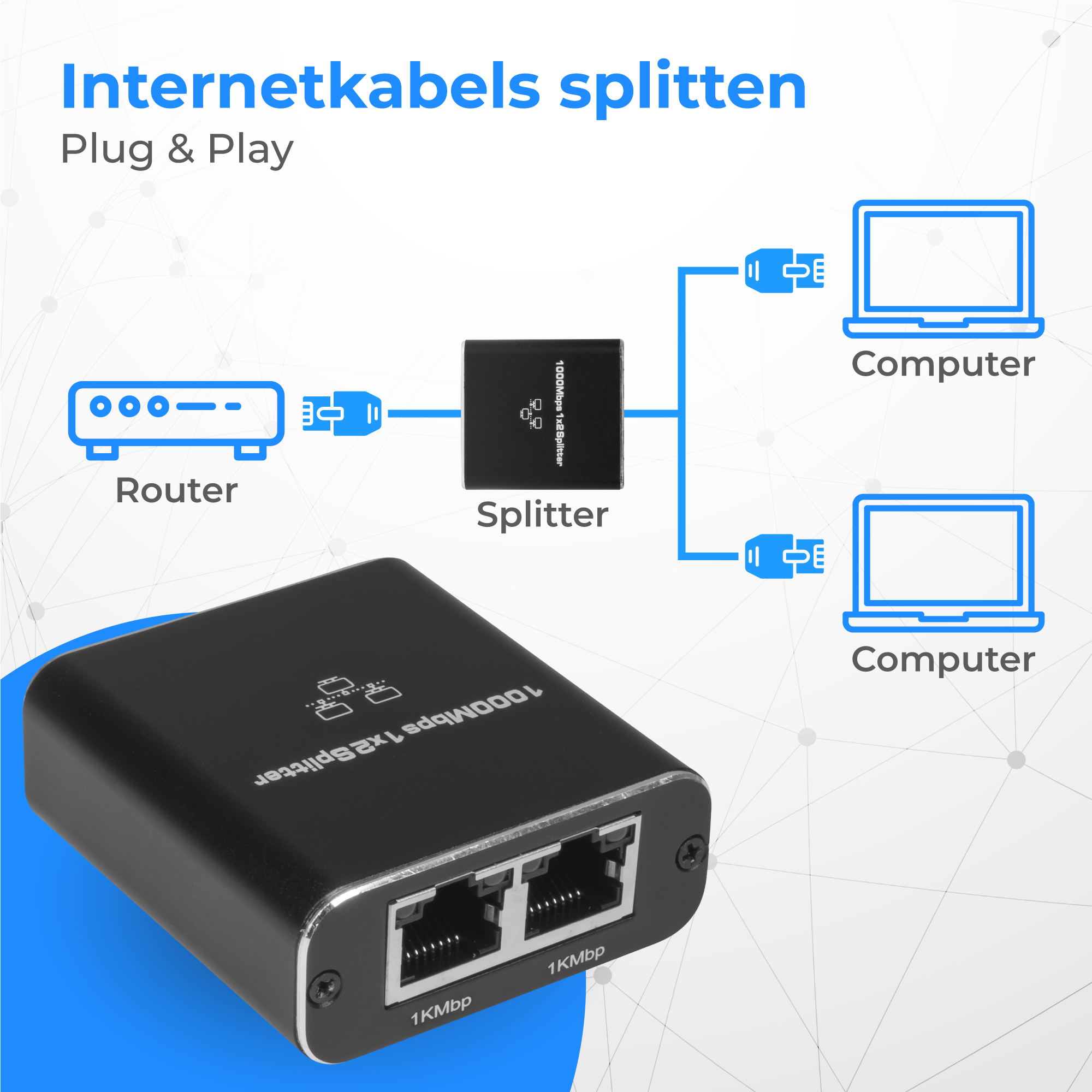 Een zwarte netwerksplitter verbindt één router met twee computers.