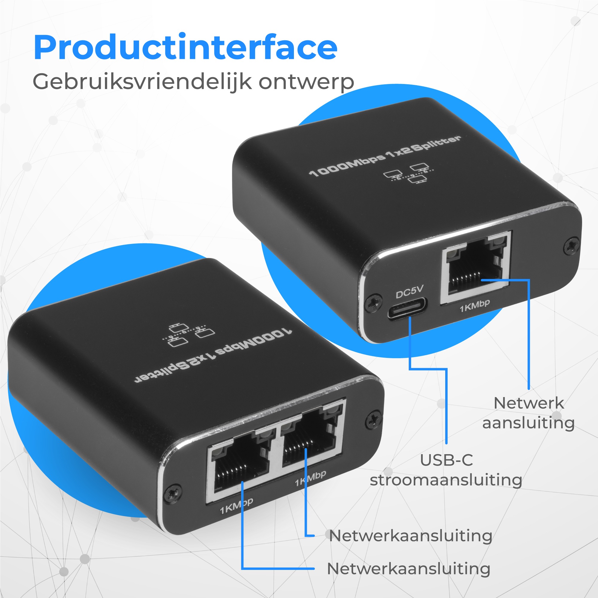 Zwarte 1x2 splitter met twee netwerkpoorten en USB-C stroomingang.