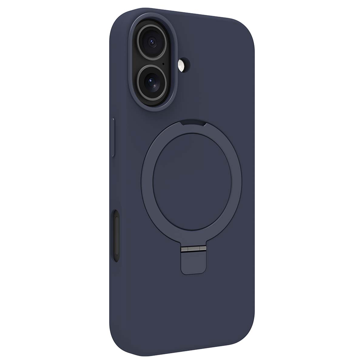 Custodia per telefono blu scuro con due fotocamere e un anello.