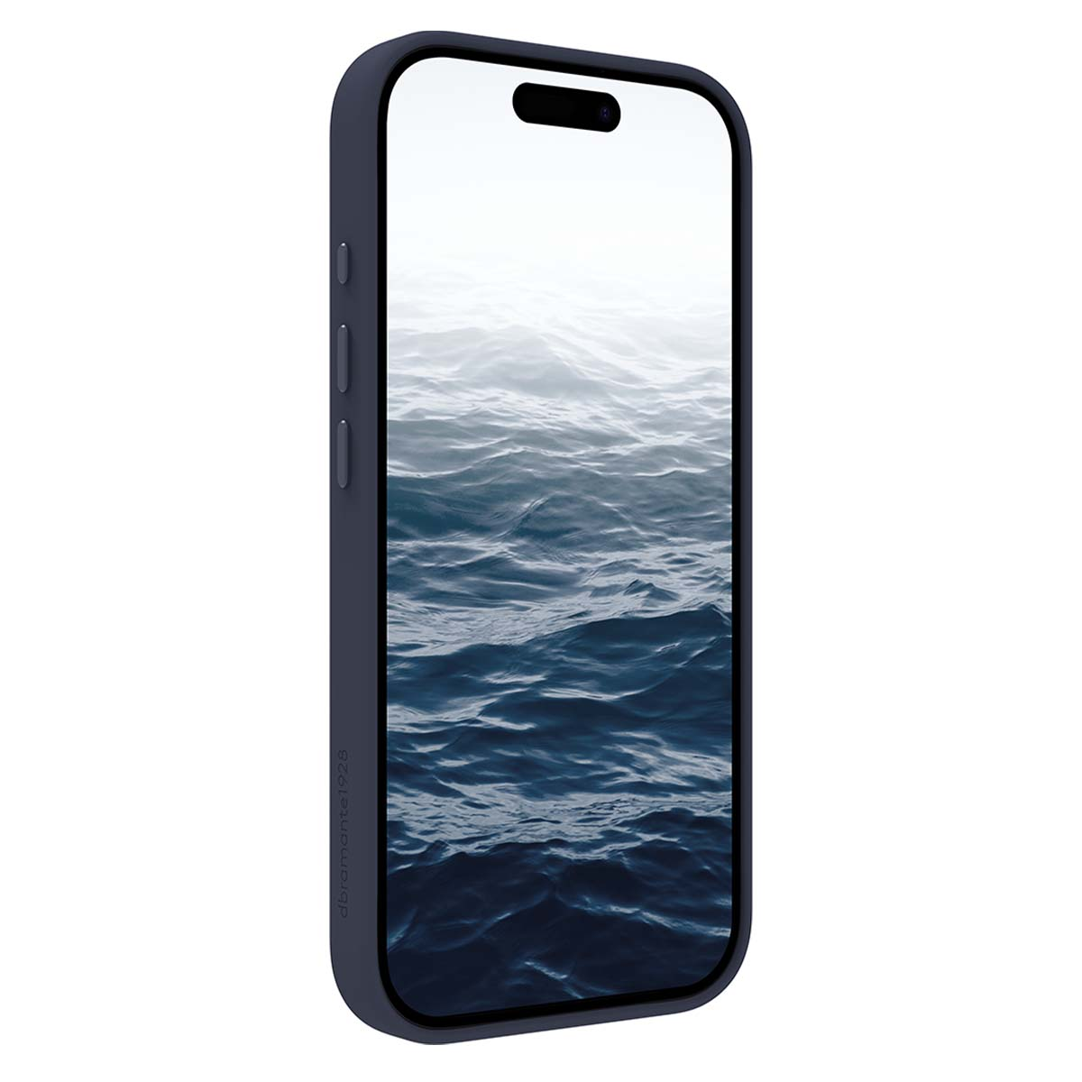 Uno smartphone scuro mostra un motivo a onde sullo schermo, su sfondo bianco.