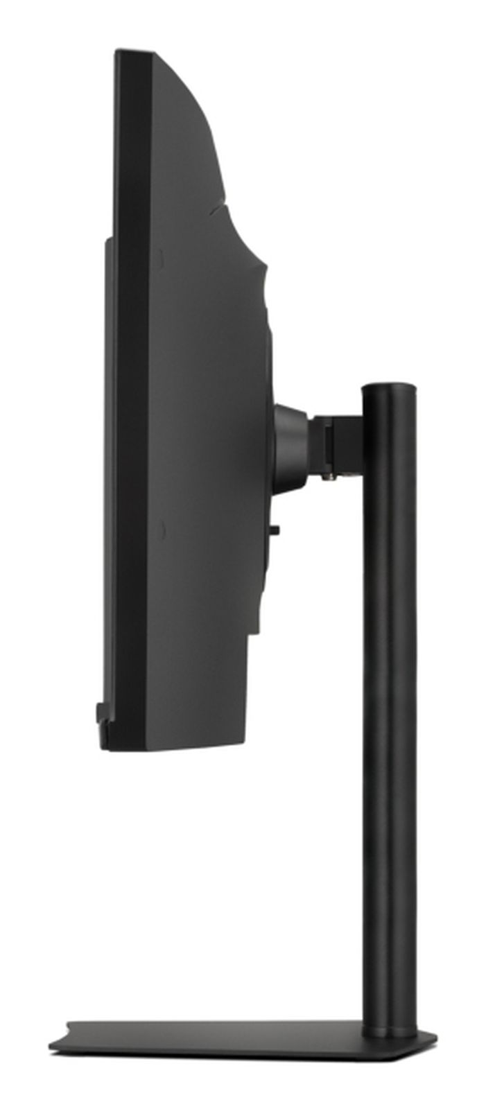Un monitor negro se alza sobre una base y brazo delgados.