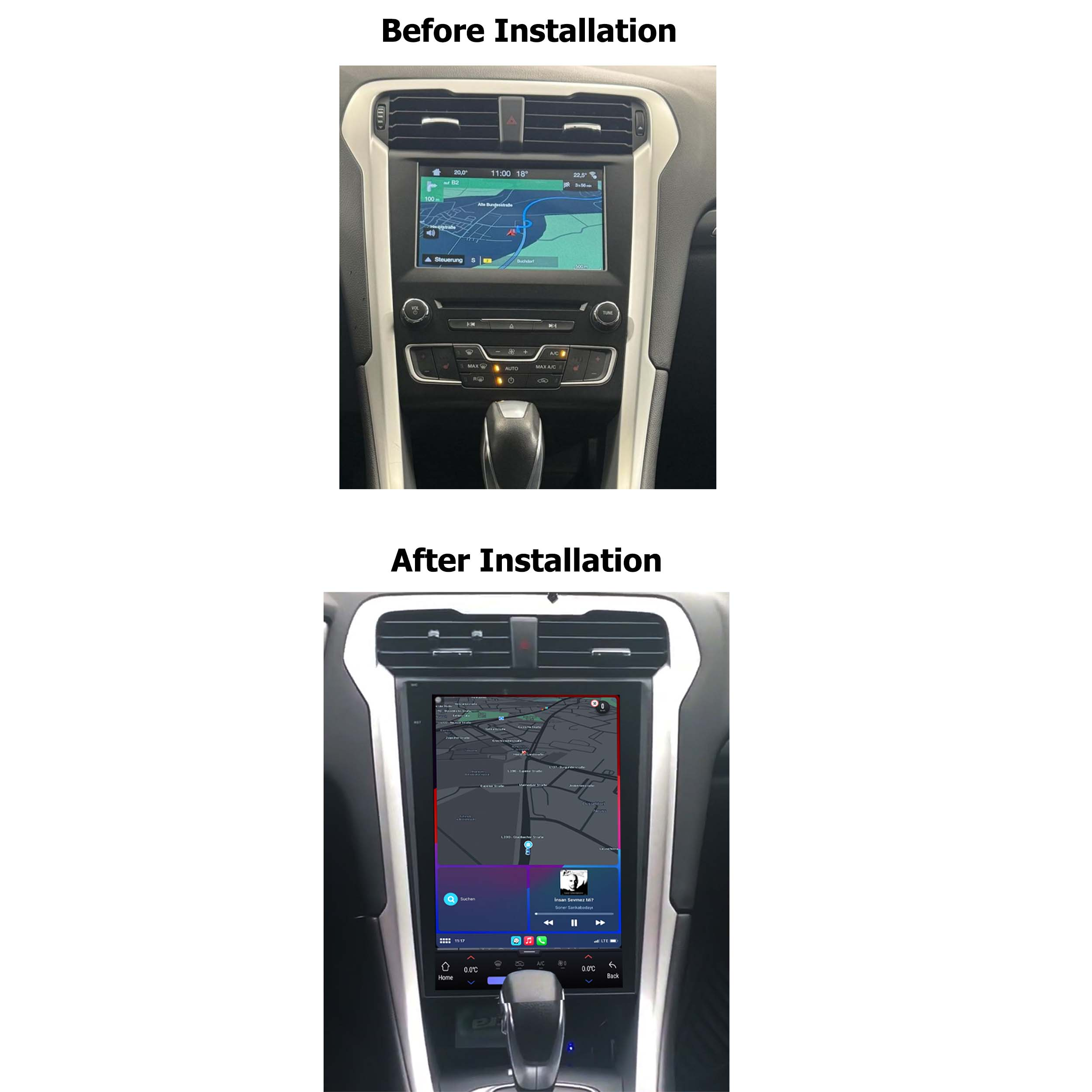 Vorher: Navigationsbildschirm im Auto. Nachher: Großer Touchscreen mit Navigation und Musik.